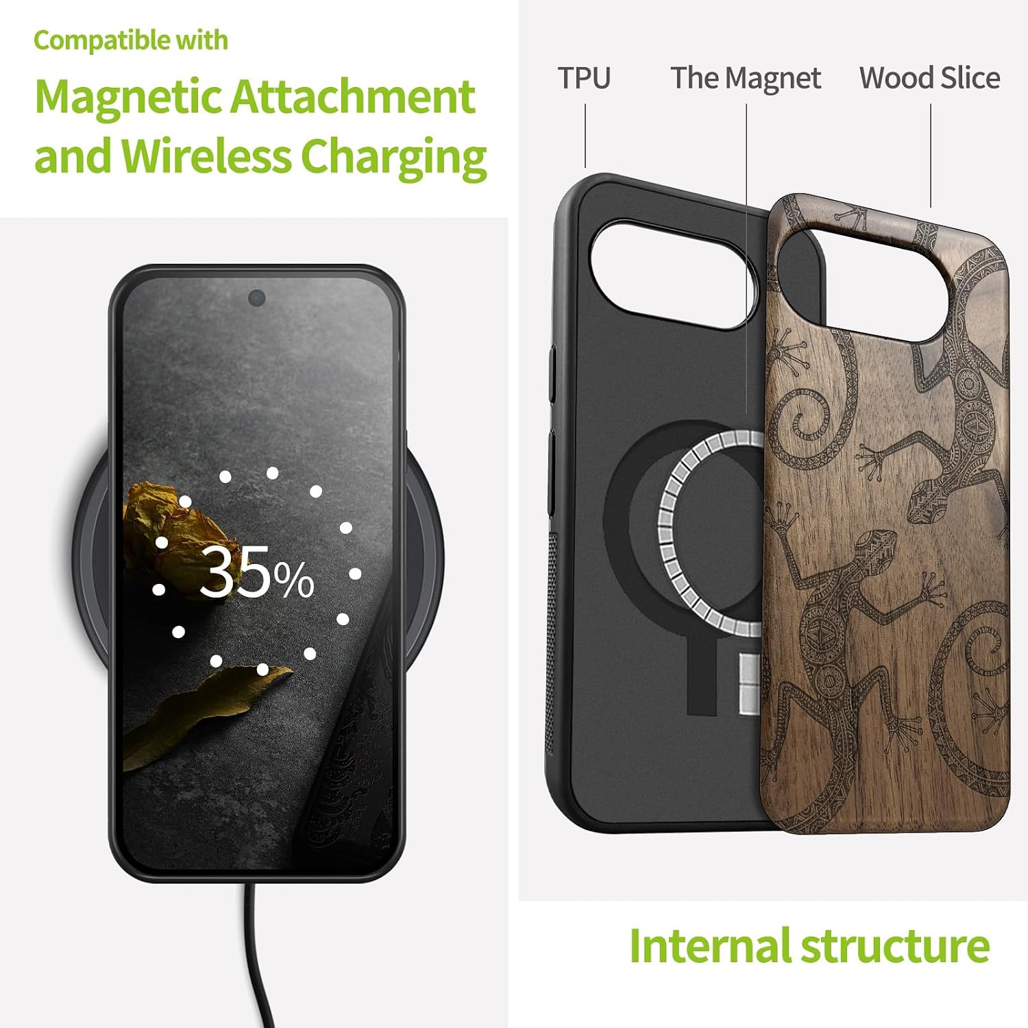 Carveit Magnetic Wooden Case for Google Pixel 10a Case, Wood Artisan Engraved & Soft TPU Shockproof Cover, Compatible with MagSafe Wireless Chargers (Tribal Gecko Pattern Illustration) Walnut
