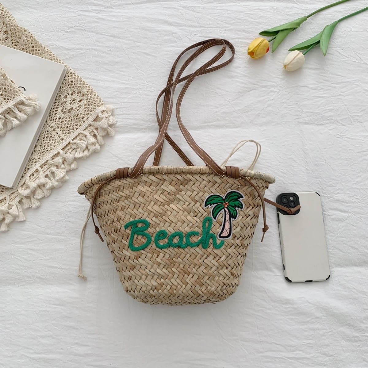borsa donna estiva Borsa in paglia intrecciata con alfabeto ricamato da donna viaggio Vacanza al mare Spalla di grande capacità