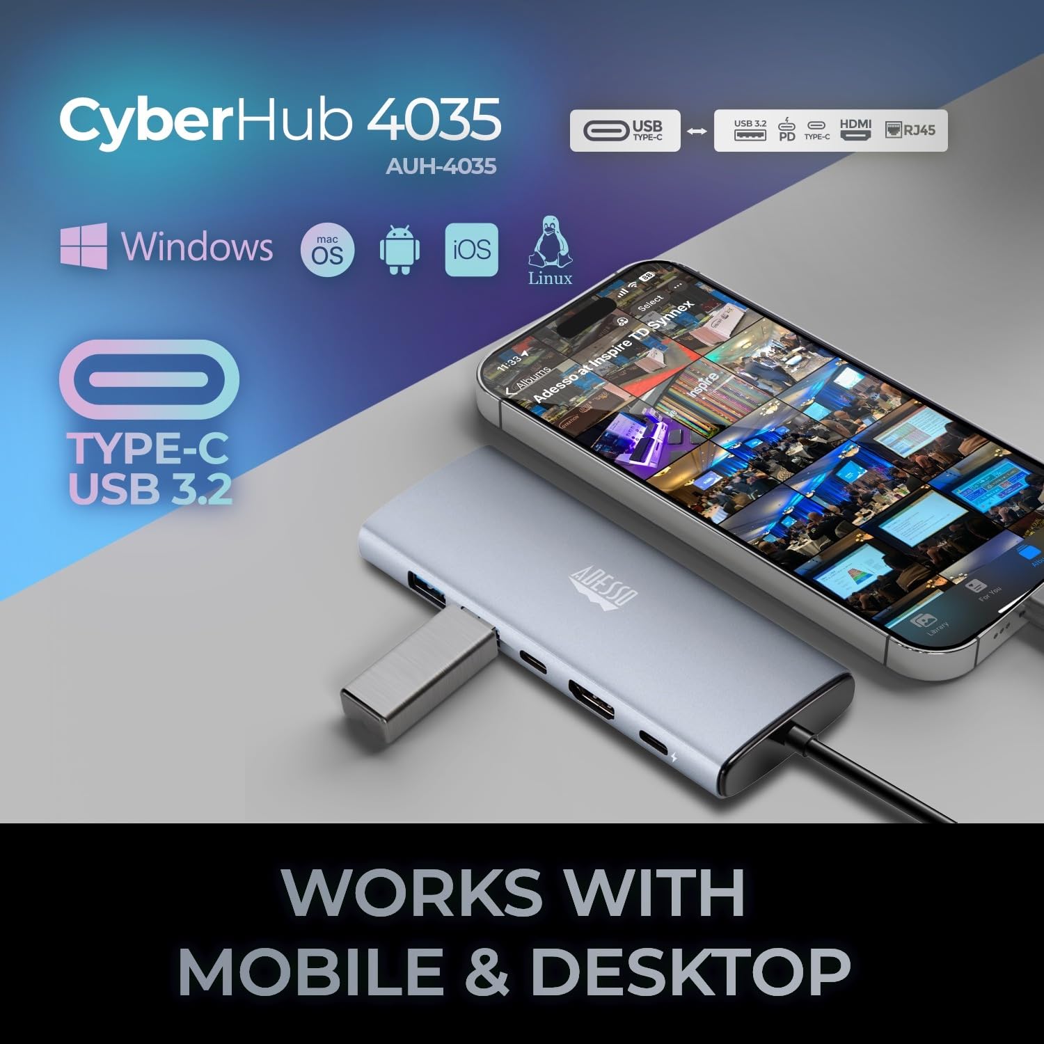 Adesso AUH-4035 - Adaptador multipuerto USB C 6 en 1 compatible con 1 HDMI 4K, 2 USB-A 3.2, 1 USB-C 3.2, 1 RJ45 y 1 PD