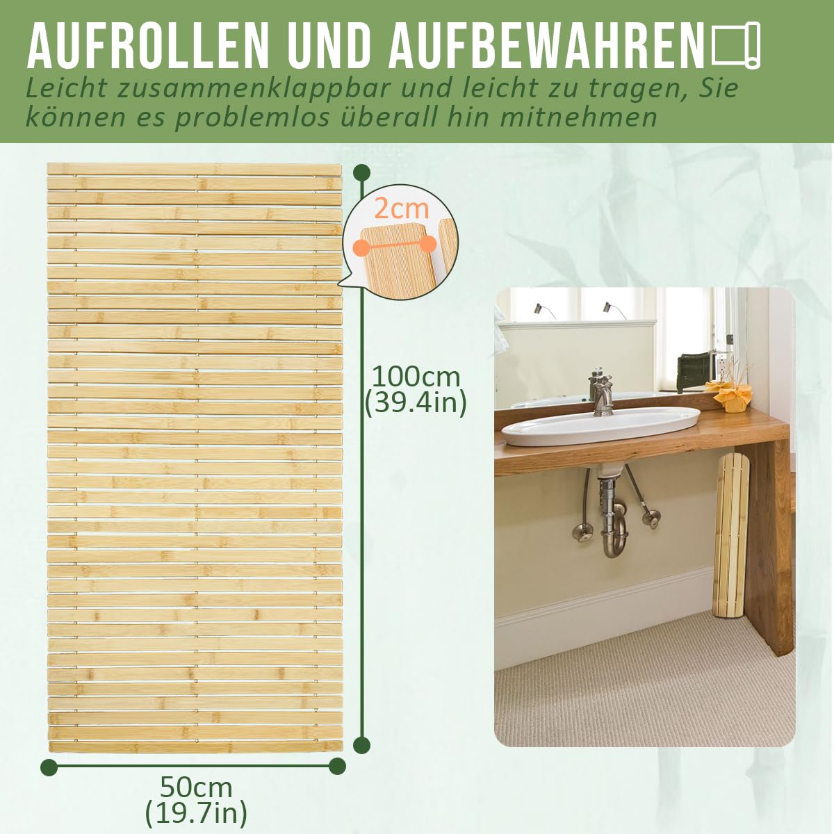 Badematte Holz Sauna Bodenrost Rollrost Fussmatte aus Bambus 100 x 50 cm, Sauna Türmatte Rollrost Fußmatte, Sauna bodenmatte/badvorleger Holz (100 x 50, Bambusholz, 1, 100 x 50)
