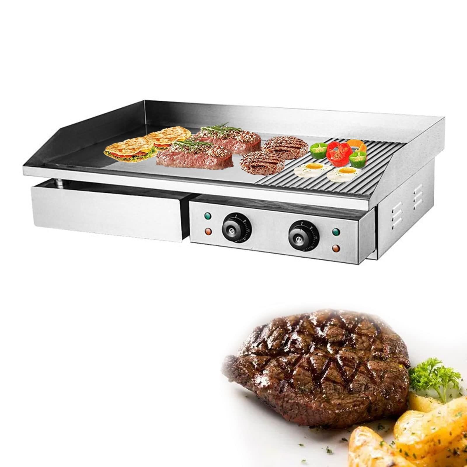 Electric Griddle Commercial Countertop BBQ Grill, Stainless Steel Nonstick Flat Hotplate for Burger, Bacon, Omelette, Fried Food, Efficient Cooking, Easy to Clean