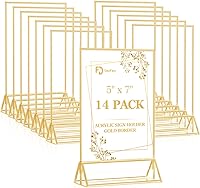 Daofary 5x7 Acrylic Sign Holders 14 Pack: Double-Sided Clear Gold Frame Tabletop Displays for Weddings, Restaurants & Events
