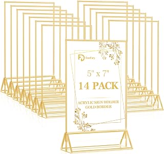 Daofary 5x7 Acrylic Sign Holders 14 Pack: Double-Sided Clear Gold Frame Tabletop Displays for Weddings, Restaurants & Events