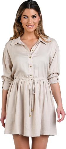 La Blanca Women's Short Sleeve Mini Dress Swimsuit Cover Up, Taupe//Delphine Coa
