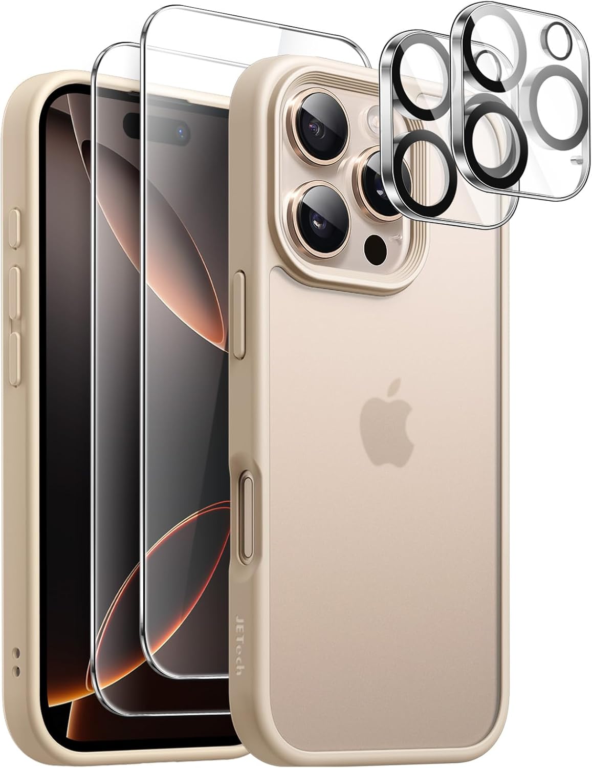 JETech 5 in 1 Matte Case for iPhone 16 Pro 6.3-Inch with 2-Pack Each Tempered Glass Screen Protector and Camera Lens Protector, Translucent Back Shockproof Phone Cover (Desert Titanium) JETech 5 in 1 Matte Case for iPhone 16 Pro 6.3-Inch with 2-Pack Each Tempered Glass Screen Protector and Camera Lens Protector, Translucent Back Shockproof Phone Cover (Desert Titanium)