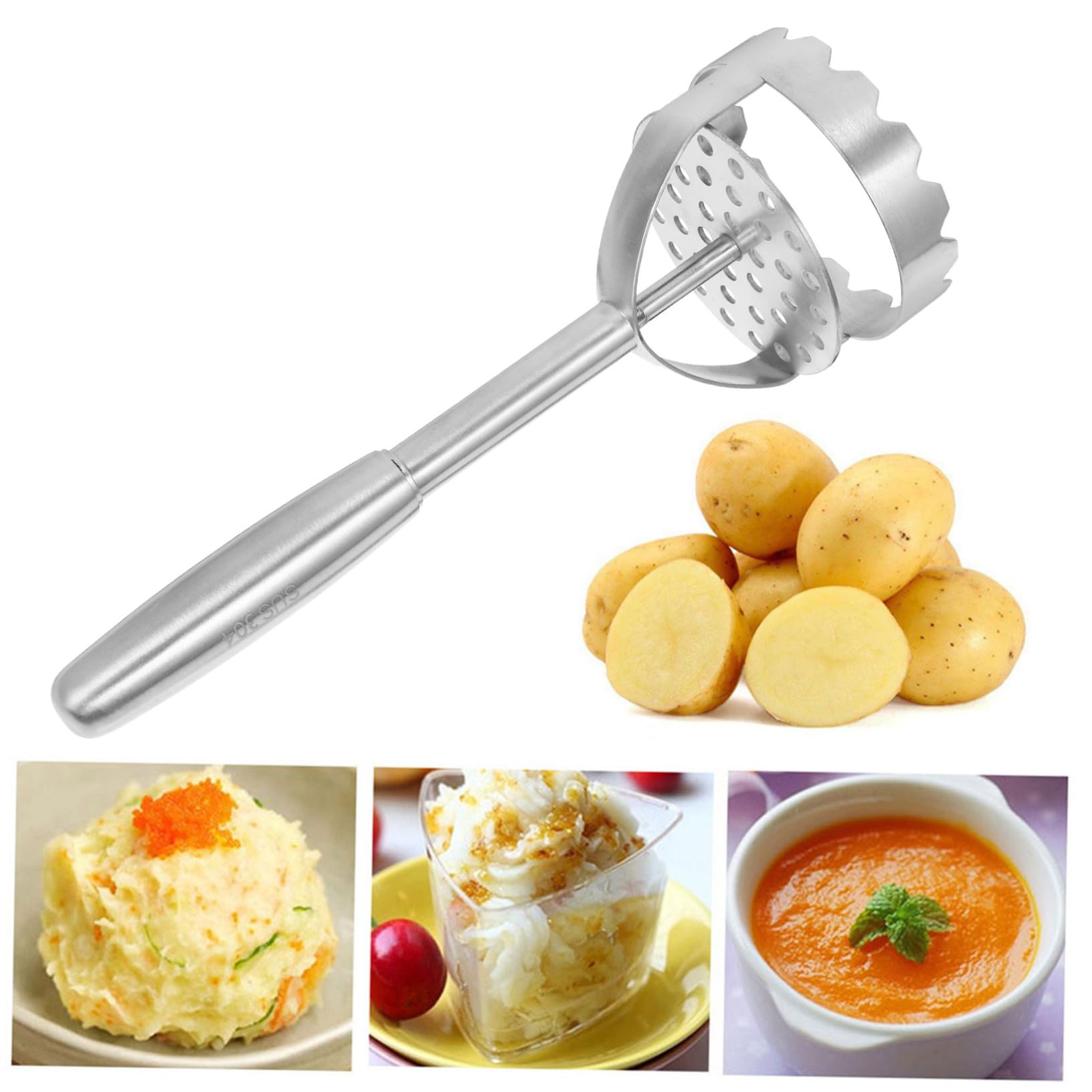 Edelstahl Kartoffelstampfer mit Ergonomischem Griff Multifunktionaler Gemüse Obststampfer Wiederverwendbarer Küchenhelfer für Feines Püree Spülmaschinenfest und Leicht zu Reinigen