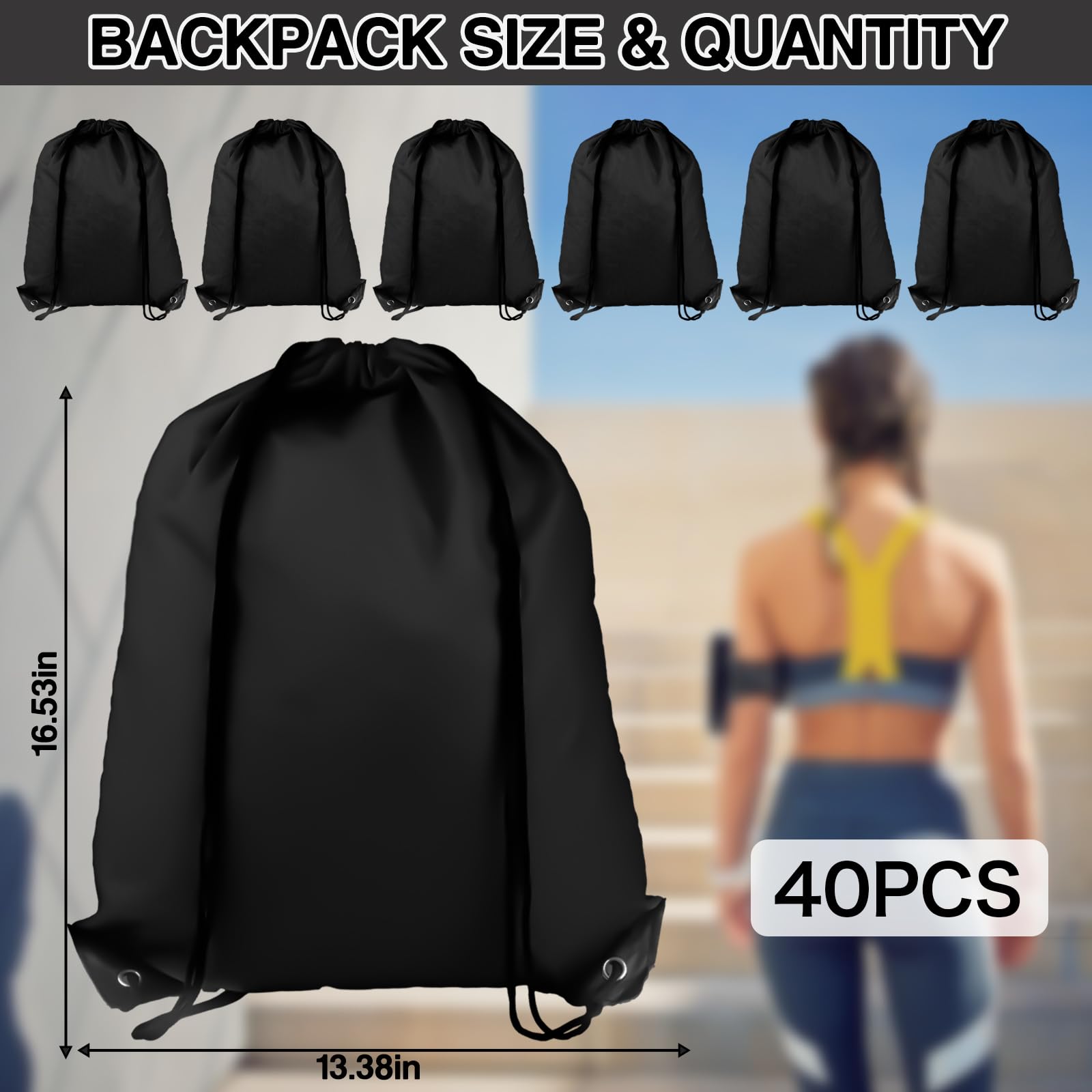 COIDEA Rucksack mit Kordelzug, Größe M, Schwarz, Sport, Fitnessstudio, Reisen, Schwimmen, Strand