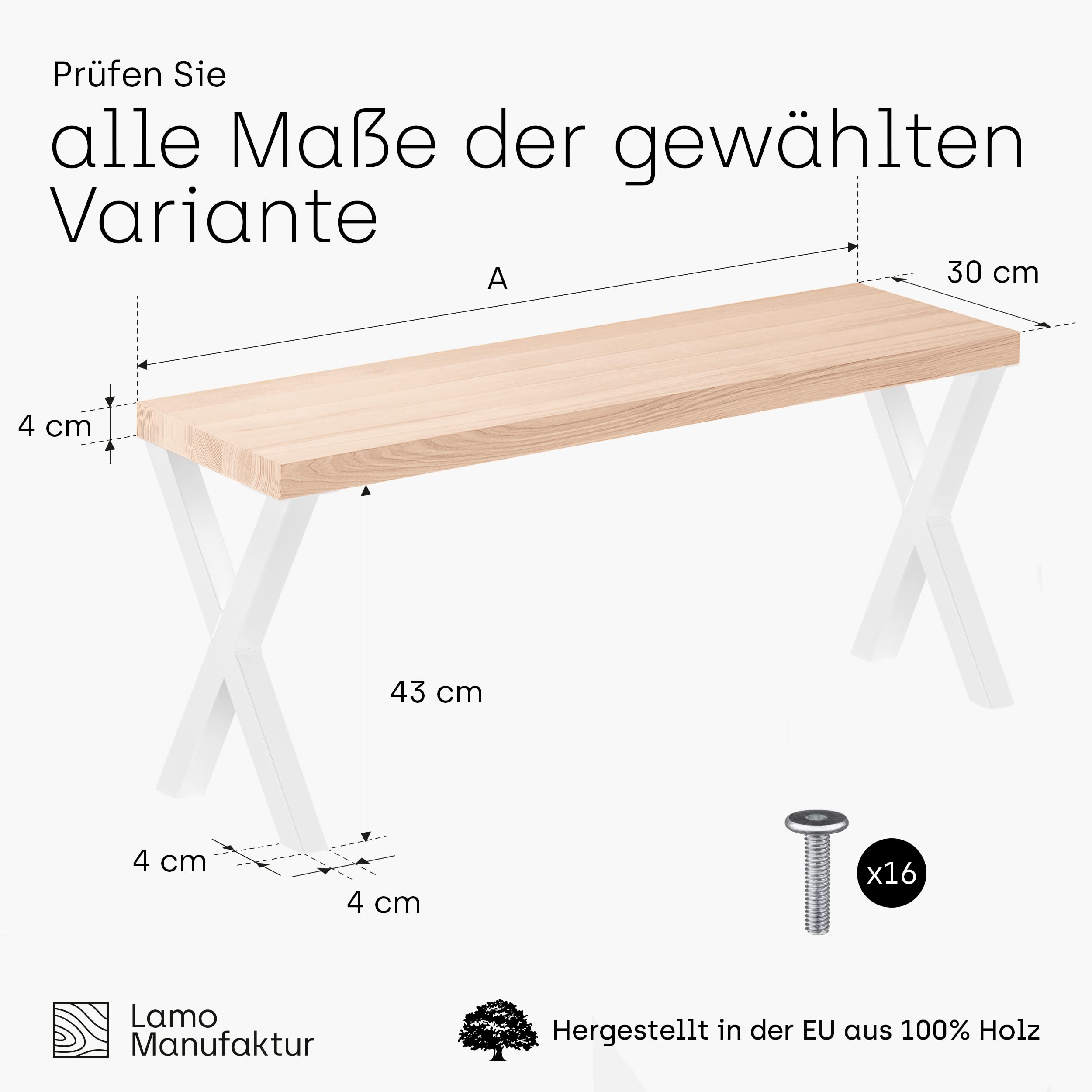 LAMO Manufaktur Banc de Salle à Manger 30x80x47 cm (l x L x h), Pied en métal modèle Design Blanc/Assise en Bois Brut