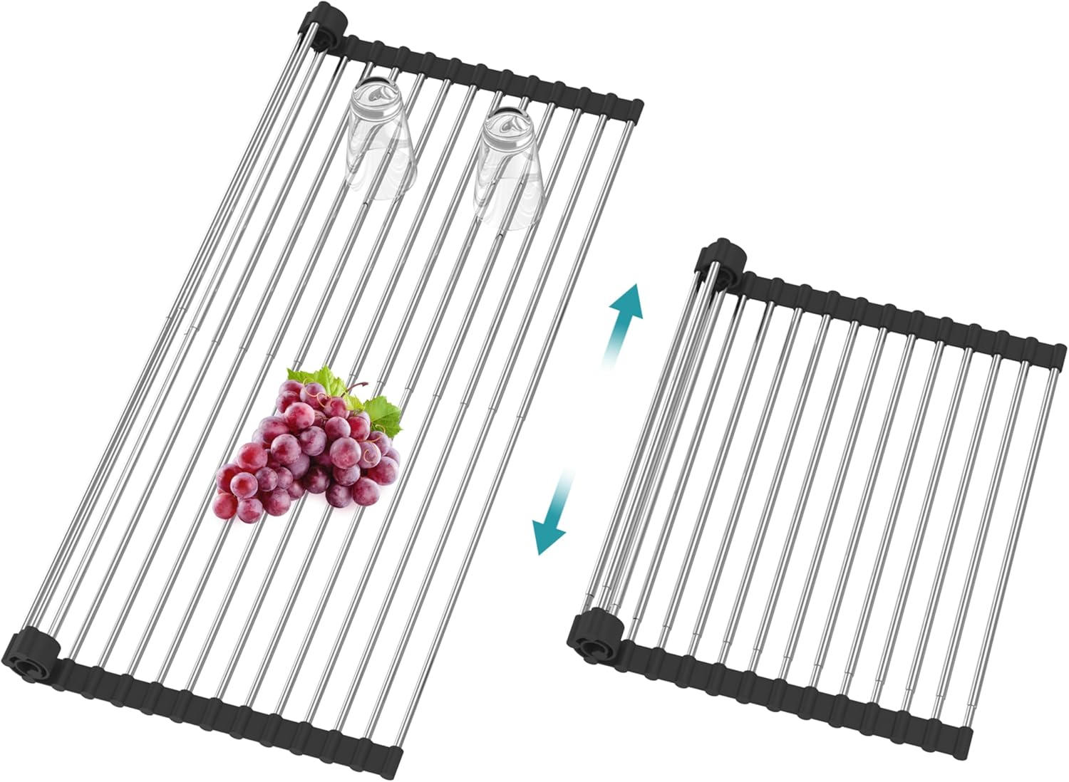 Extra Large Expandable Roll Up Dish Drying Rack,Over The Sink Drying Rack Sink Cover Kitchen Sink Accessories Kitchen Rolling up Stainless Steel Drainer, Foldable,Rollable(Black,25.1''-12.4'')