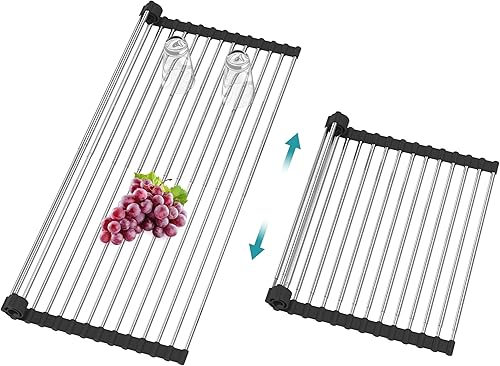 BBXTYLY Escurridor de platos enrollable extra expandible, para colocar sobre el fregadero, accesorios para fregadero de cocina, escurridor de acero