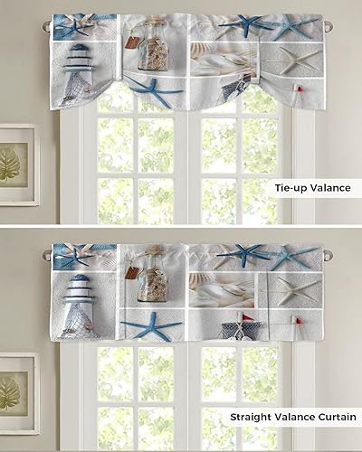 Miniatura 5 de Cenefa de malla costera de verano para ventanas de cocina, cenefas de cortina con lazo de estrella de mar oceánica, cenefas de cortina de 42 x 12