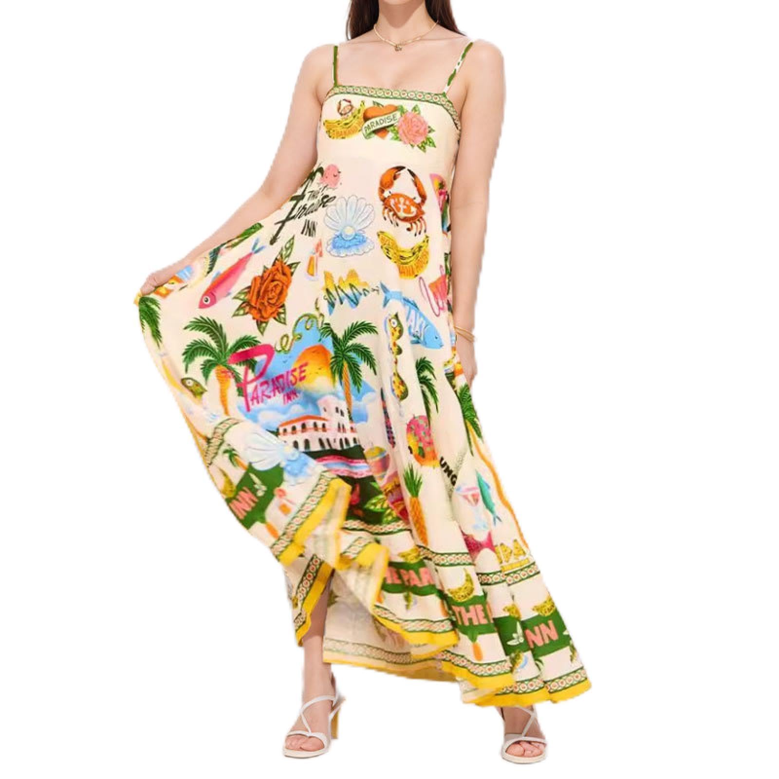 Spring 2025 New Sleeveless Collarless High Waist Print Painted Large Swing Slip Dress