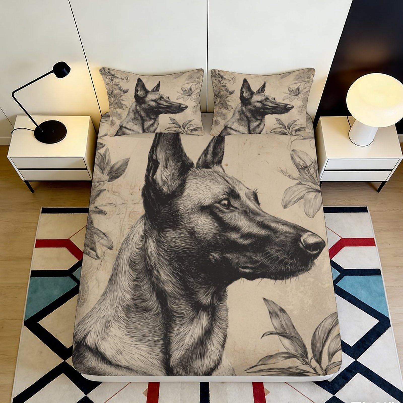 3D Printed German Shepherd Fitted Sheet Microfiber Beige Artistic Dog Bed Cover for Bedroom Guest Room Mattress Protection Decor 90x200x25cm