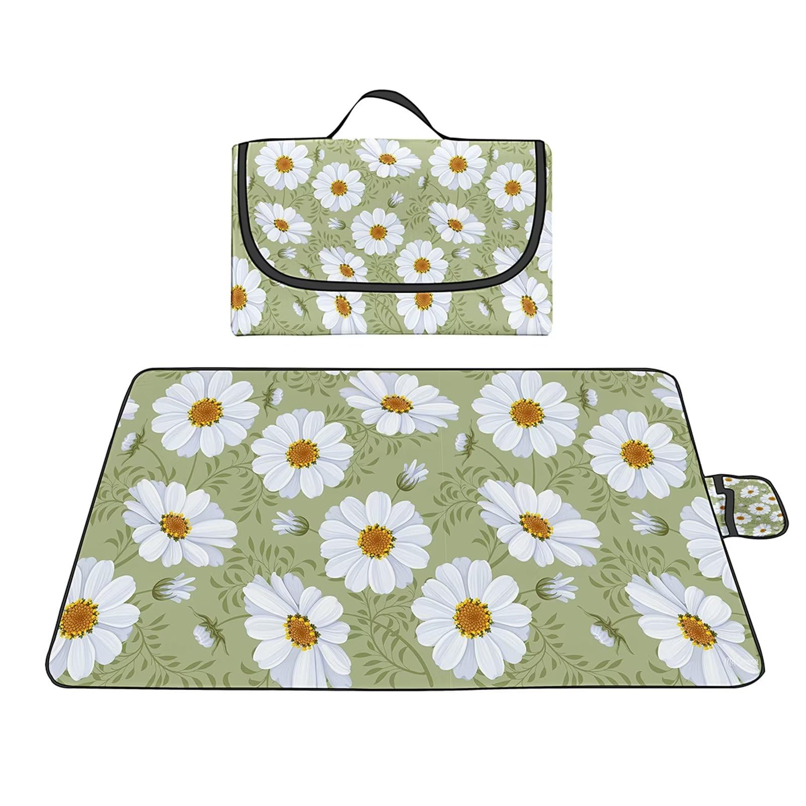 Daisy koc piknikowy z białymi kwiatami, 200 x 300 cm, duży koc piknikowy z uchwytem do przenoszenia, dywany piknikowe na zewnątrz z wodoodpornym spodem, można prać w pralce, na kemping, plażę, trawę,