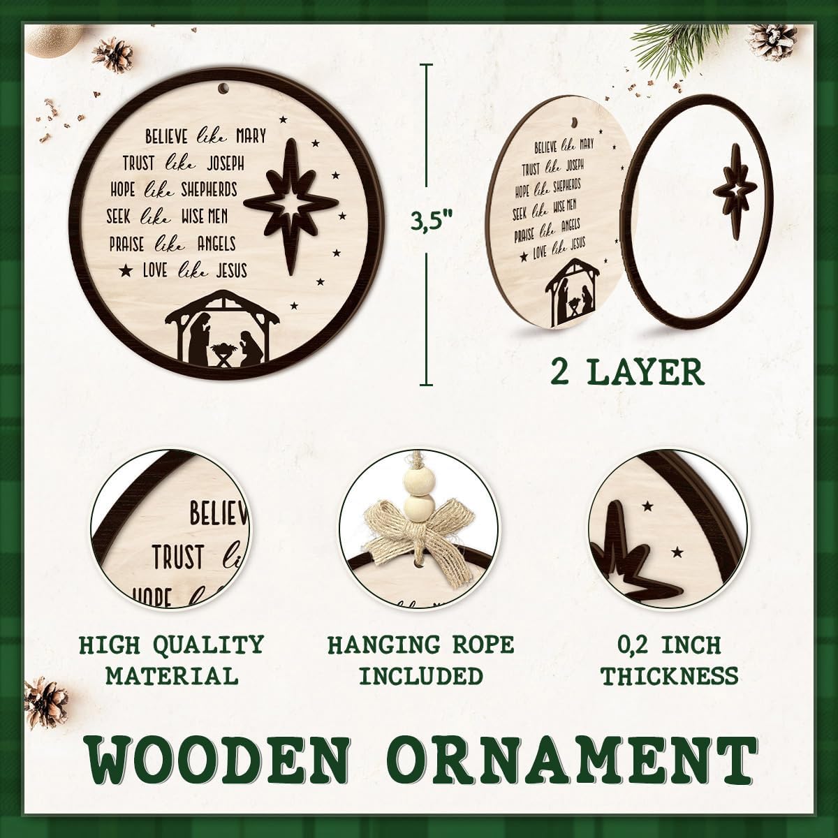 Christian Nativity Scene Ornament 2025-2 Layer Wooden Religious Christmas Decoration with Faith Message - Rustic Birth of Jesus Ornament for Tree, Christian Home, Family, Church Décor - Image 2