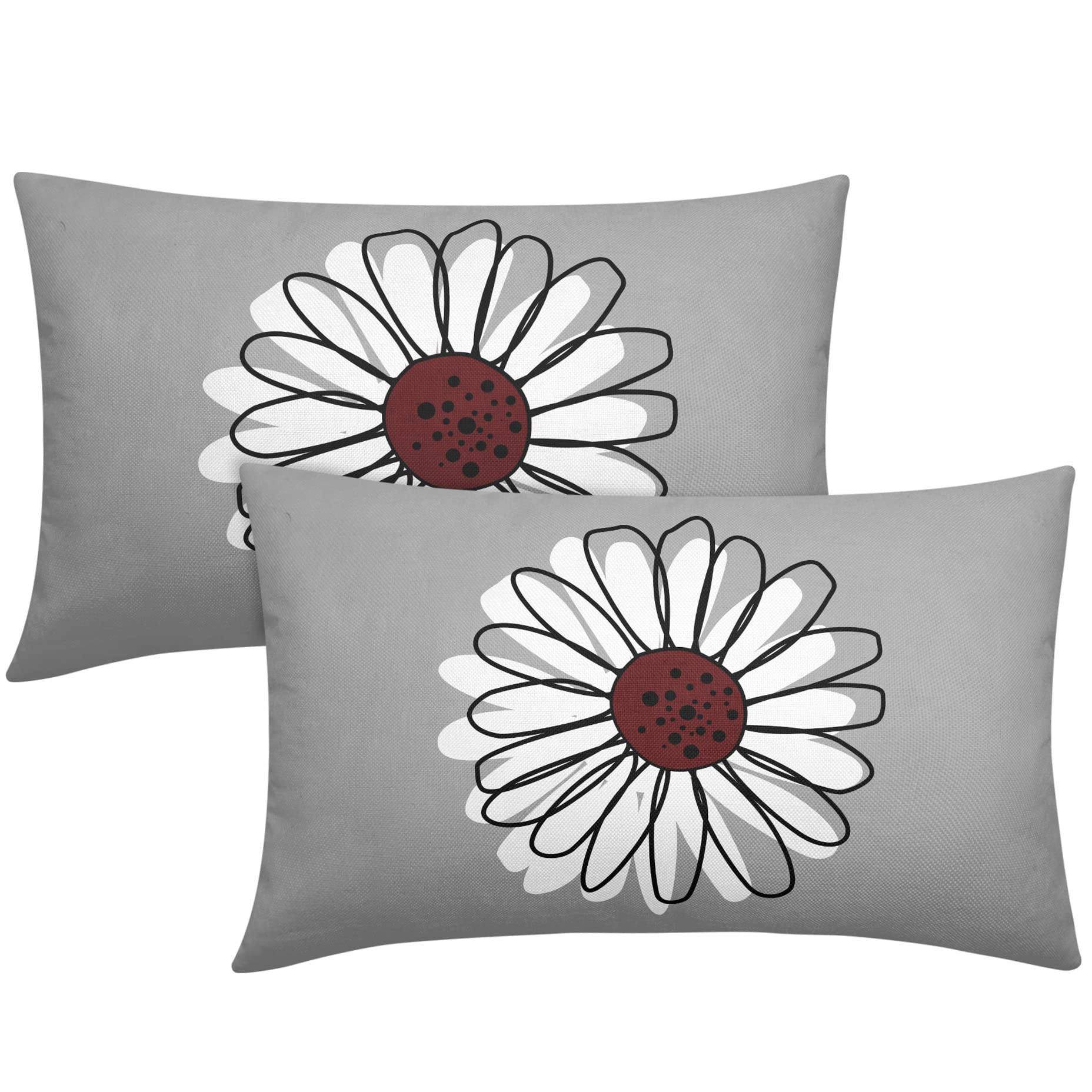 Sweetshow Burgundy White Daisy Pillow Covers 12x20 Set of 2 Spring Summer Grey Colored Decorative Throw Pillows Outdoor Modern Art Flower Pillowcase