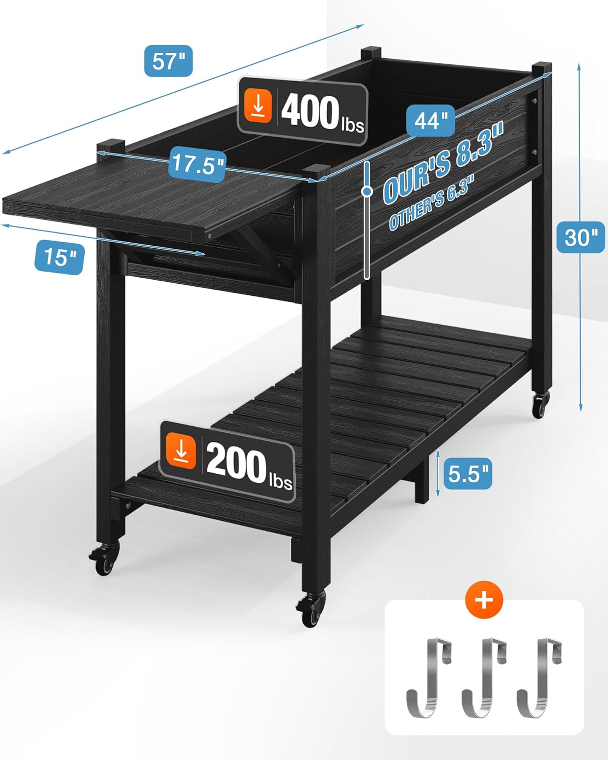 YEFU Raised Garden Bed with Legs: 57x18x30in Weight Capacity 400lb - Waterproof Raised Planter Box with Wheels - Elevated Garden Bed with Storage Shelf - Weather Resistant - for Deck/Patio/Porch/Black