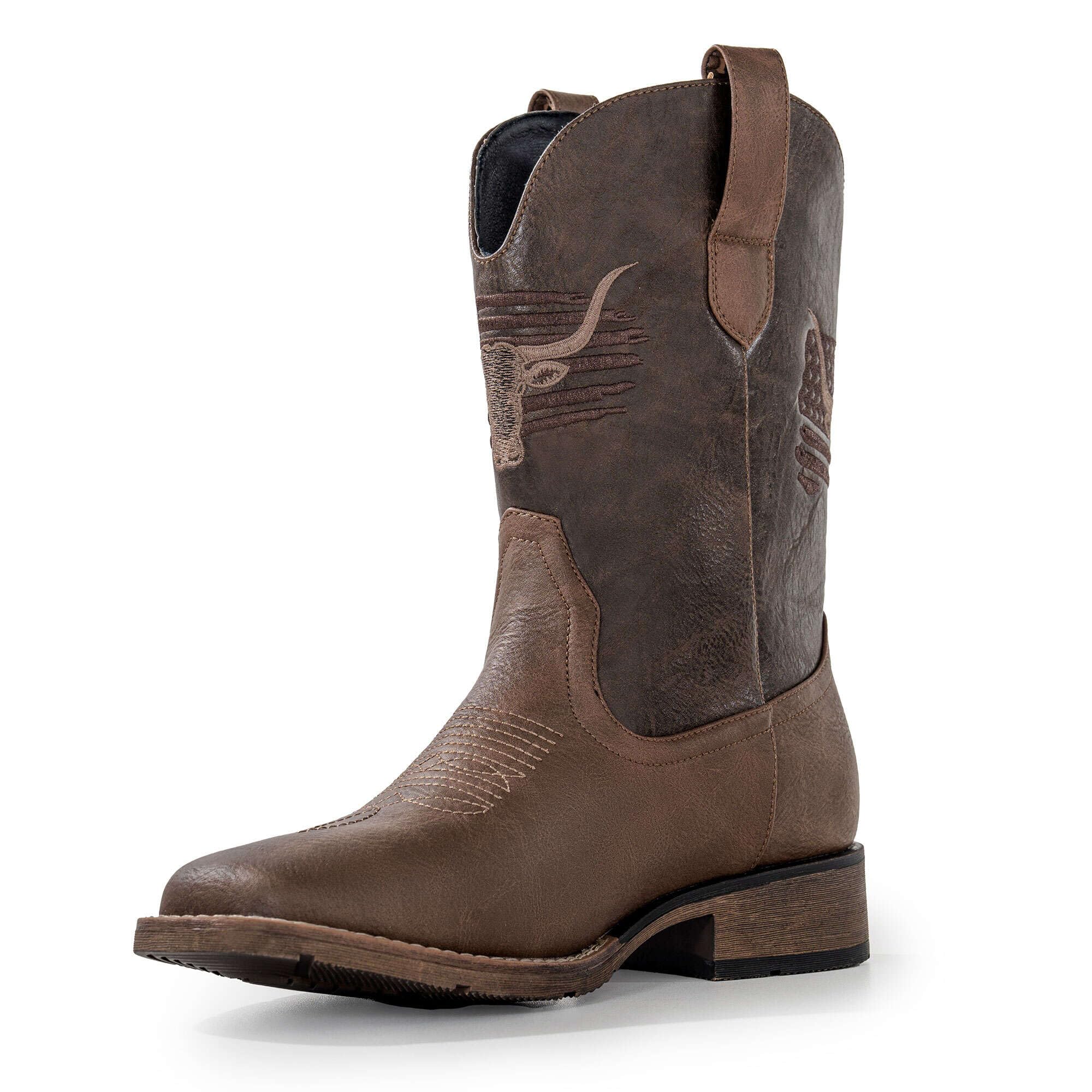 Winbird Cowboy Boots For Men Wide Square Toe Western Slip Resist Mens Boots | Vegan/Genuine Leather Retro Country Patriot Pull On Chunky Heel Boots for Spring Fall, Botas Vaqueras Para Hombre 10 Chestnut & Coffee Brown