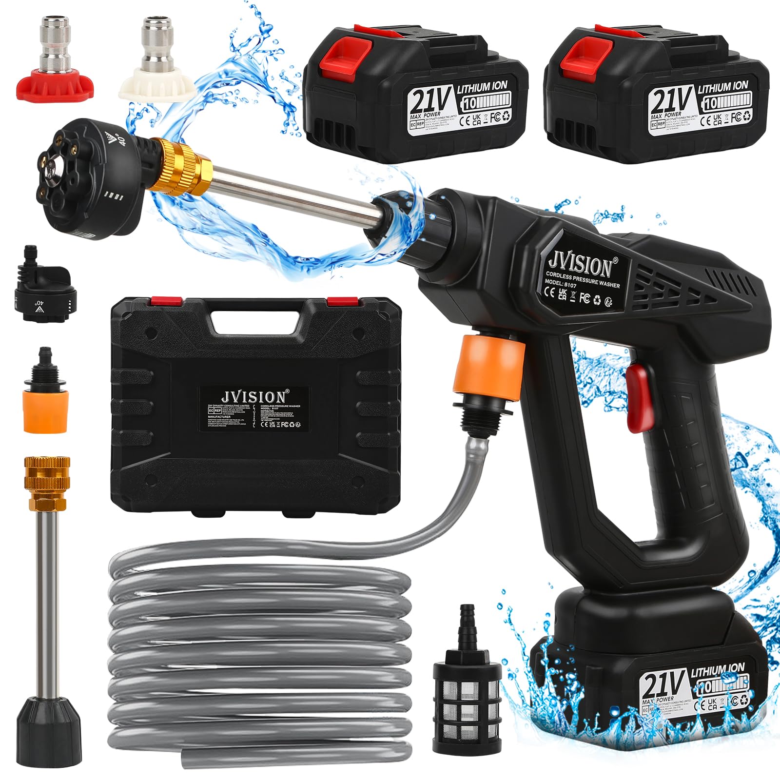 Idropulitrice a Batteria, Idropulitrice Portatile 6 in 1 con 2 Batterie da 21 V, idropulitrice portatile a batteria con Tubo da 5M, Idropulitrice Senza Fili per l'irrigazione, Pulizia, Auto, Pavimento