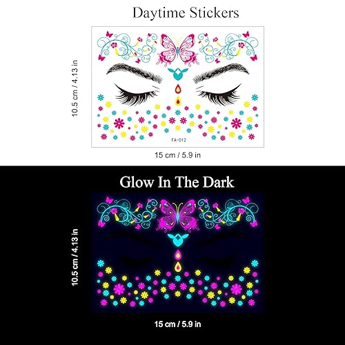 Miniatura 9 de Tatuajes temporales que brillan en la oscuridad, tatuajes temporales falsos para la cara, maquillaje UV, neón, mariposa, floral, tatuajes,
