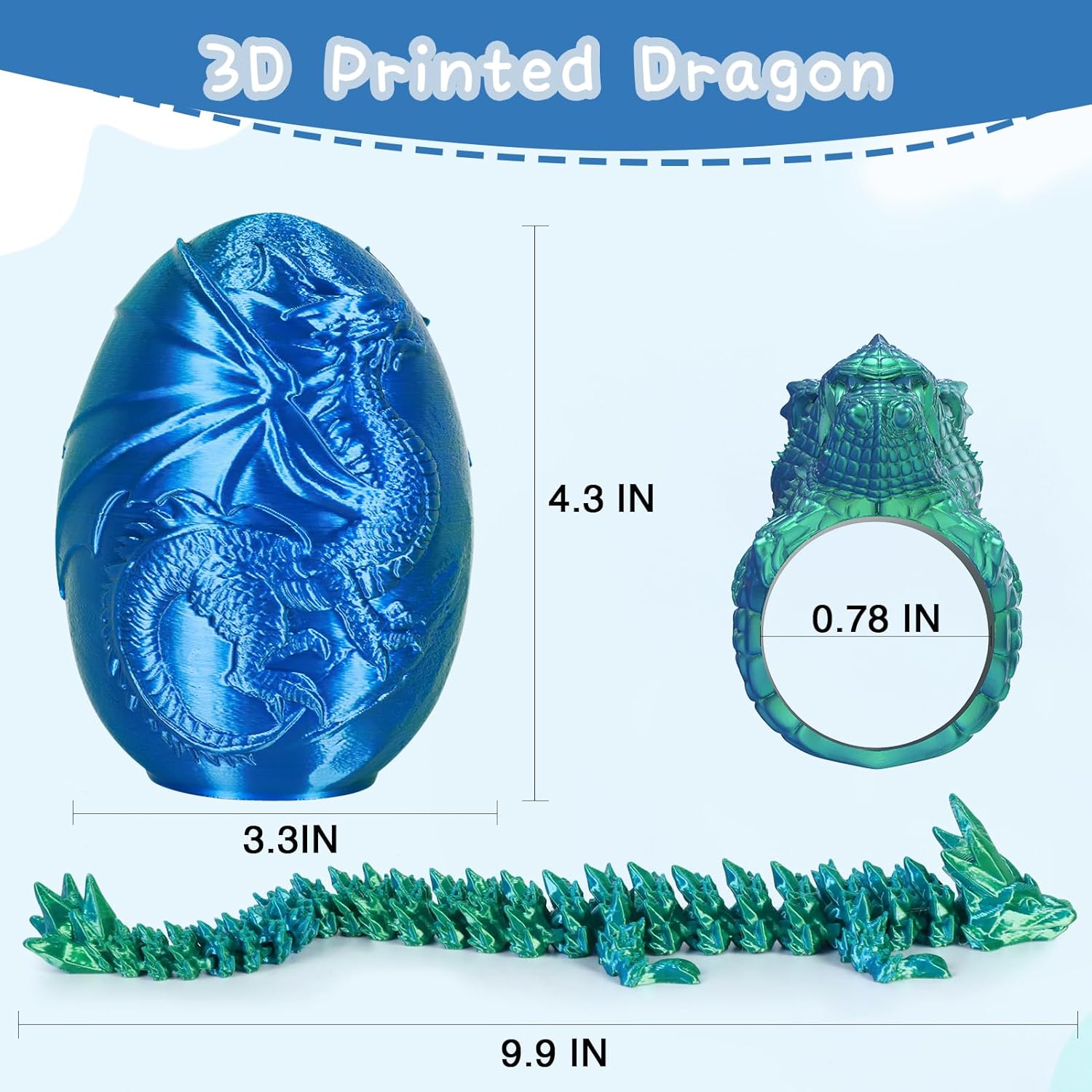 3D Printed Dragon Egg with Engraved Western Dragons - Surprise Gift Set with Articulated Crystal Dragon and Ring, Fidget Sensory Toys for Kids, Birthday Halloween for Boys and Girls