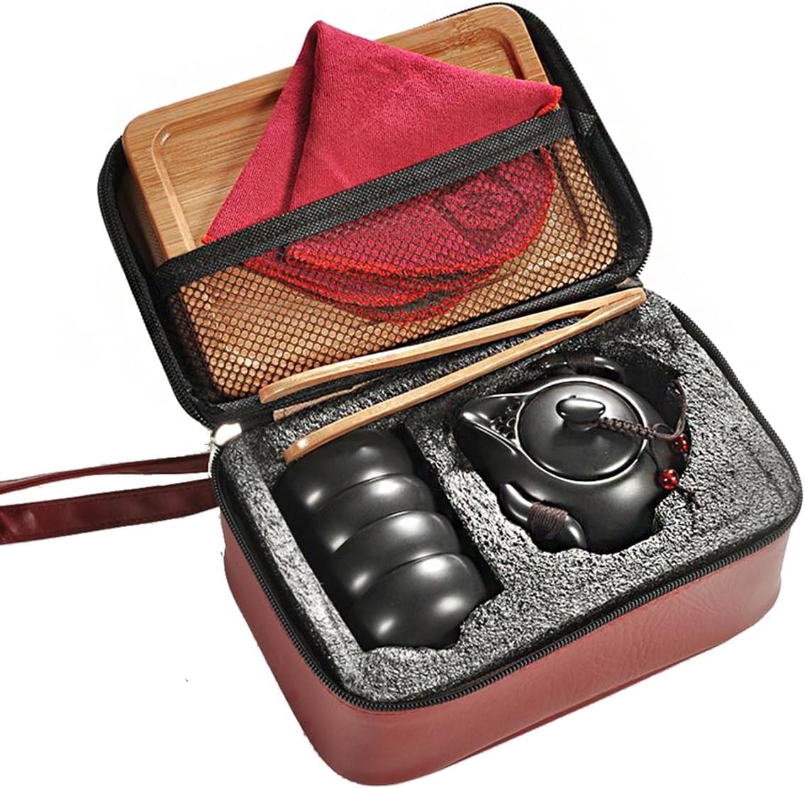 Ceramic Kungfu Tea Set Chinese Style Handmade Teapot and Teacups with Portable Travel Bag and Tea Tray (Matte Black)