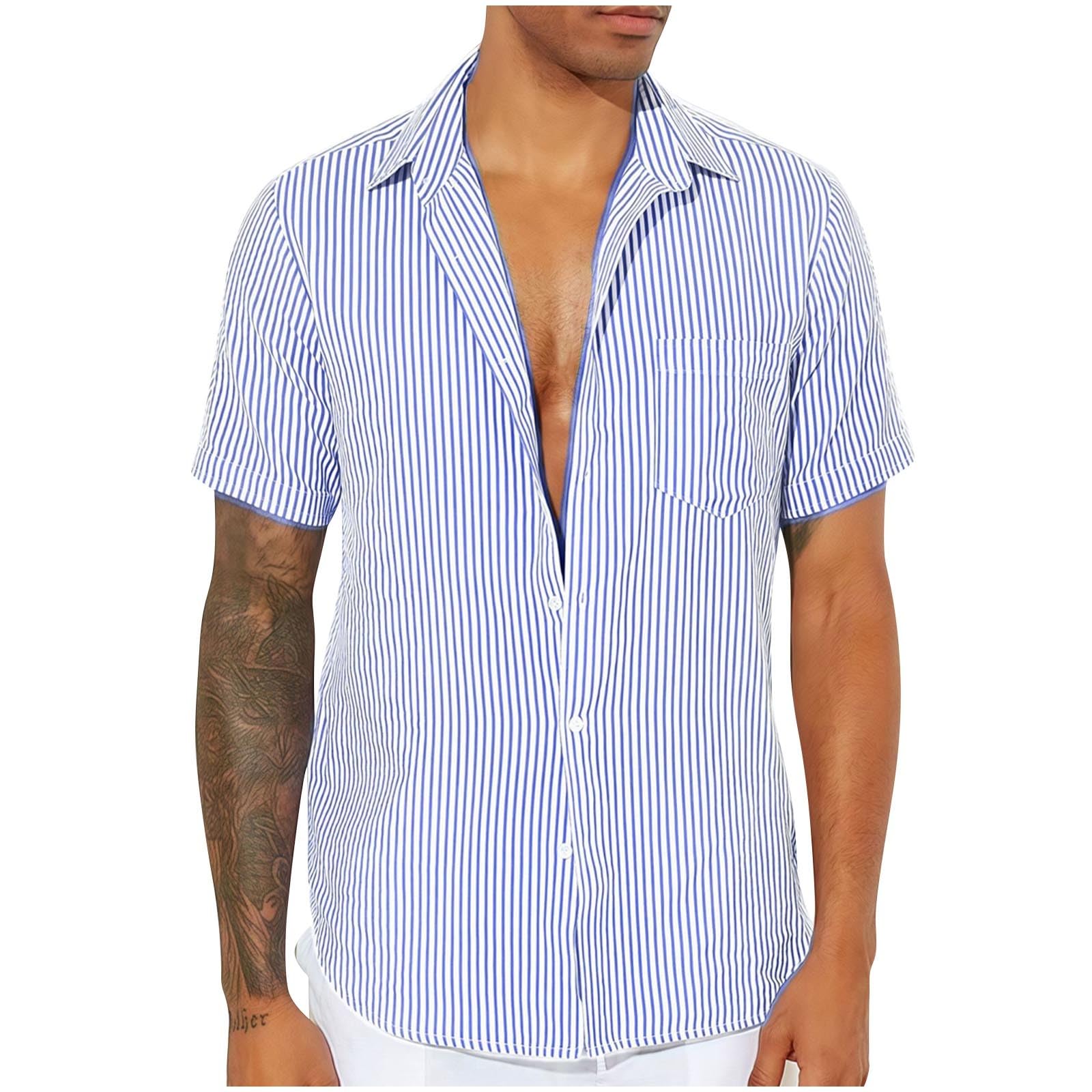 Cambkatl Men's Vertical Stripes Shirts Casual Summer Short Sleeve Button Down Loose Lapel Business Vacation Beach Shirts