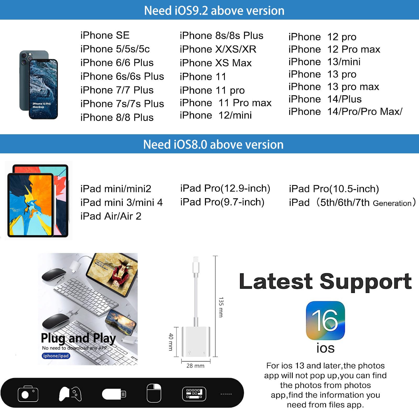 Lightning to USB Camera Adapter for iPhone with Lightning Charging Port USB 3.0 Female OTG Cable Keyboard Mouse No Support USB C, SSD