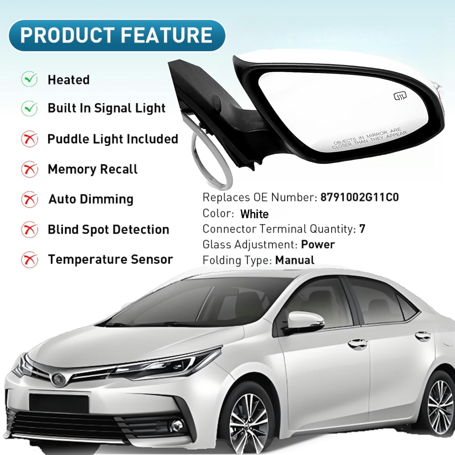Passenger Right Side Mirror Compatible With Toyota Corolla 2014-2018 With Heated Turn Signal Light Power Glass 7-Pins White