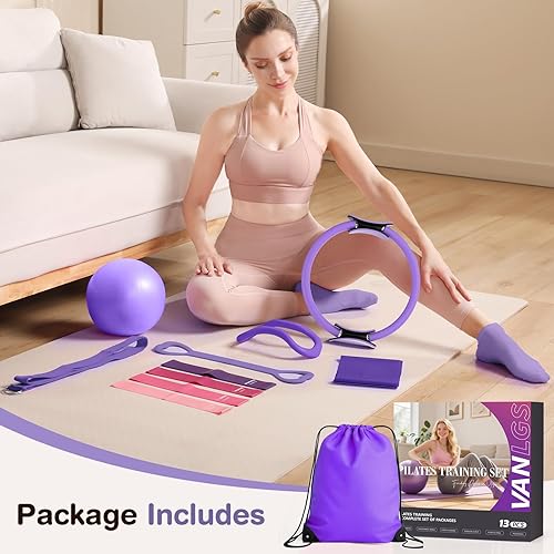 Miniatura 8 de Pilates Kit 13Pcs Home Pilates Essentials Workout Kit with 13" Ring, 10" Ball and Resistance Bands for Women at Home Pilates Equipment Set for