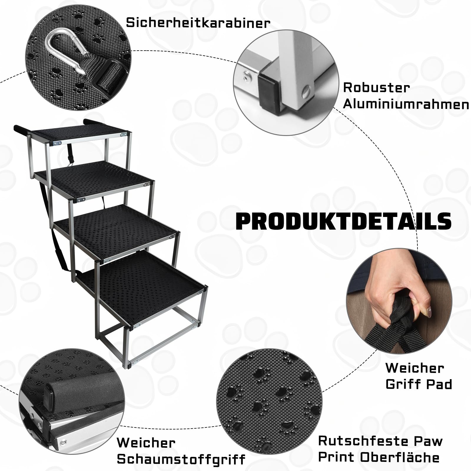 Storystore Hundetreppe Auto, 4 Stufen Hundetreppe Auto klappbar, Hunderampe Auto mit Rutschfester Oberfläche, Einstiegshilfe Hunde Auto für SUV, Auto, LKW Kofferraum, Hochbett, Belastbar bis 80 kg