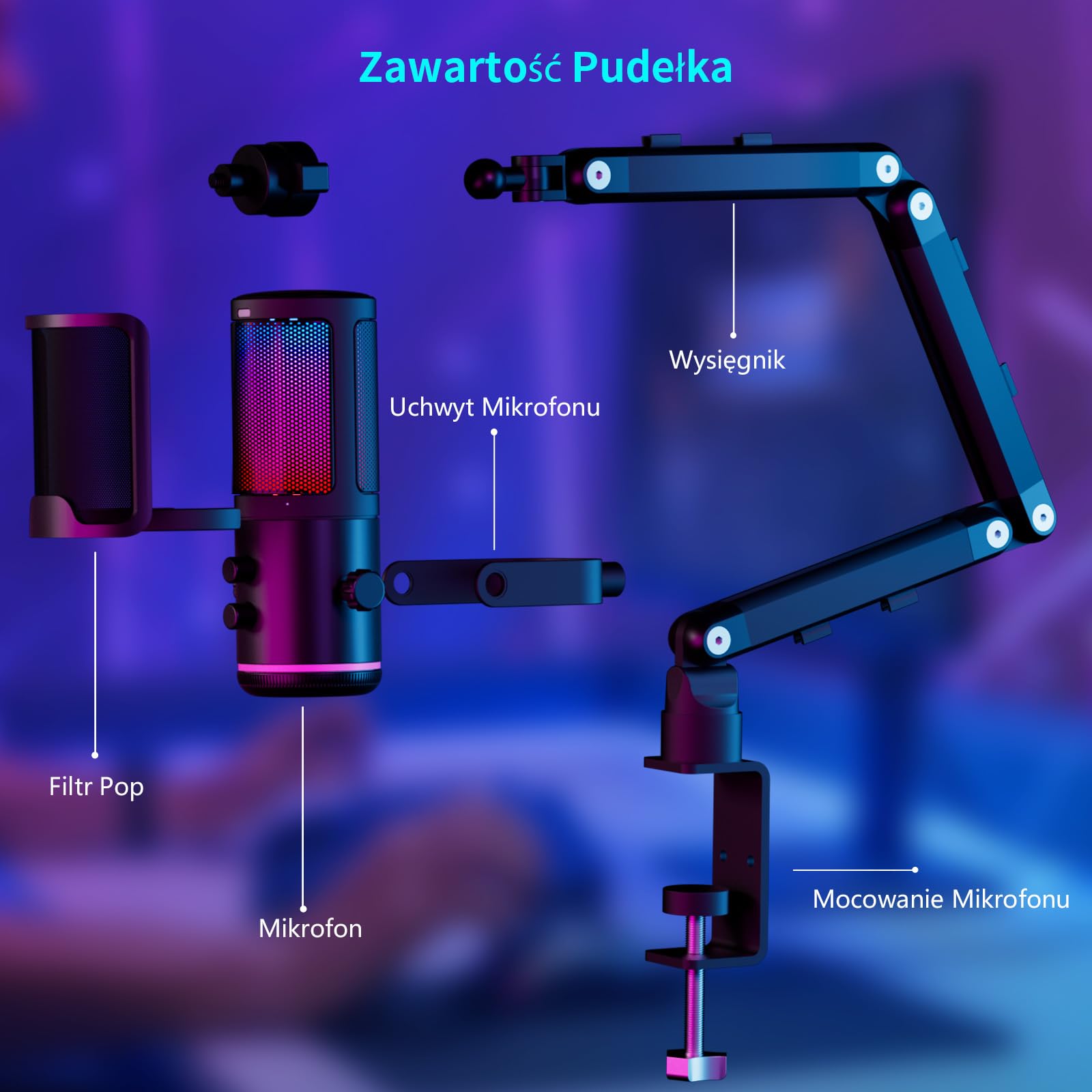K KASONIC Mikrofon RGB do Gier z Wysięgnikiem, Mikrofon Pojemnościowy do Domowego Studia dla PC, Mikrofon USB 24bit 192kHz do Nagrywania Podcastów, Zestaw Mikrofonowy do Streamingu