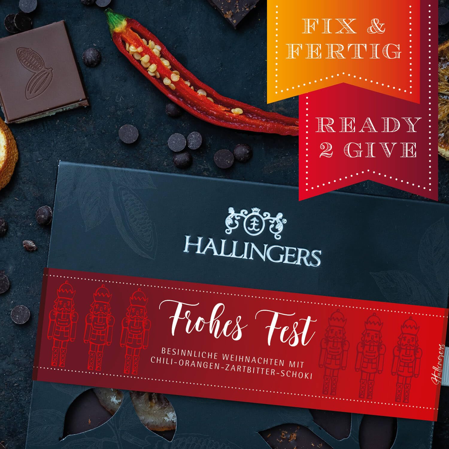 Hallingers Genuss Manufaktur Vegane Schokolade Weihnachts-Geschenk - Tafel handgeschöpfter Edelkakao ohne Alkohol edler Karton 10x "Frohes Fest" Orange-Chili, Weihnachten für Frauen Männer