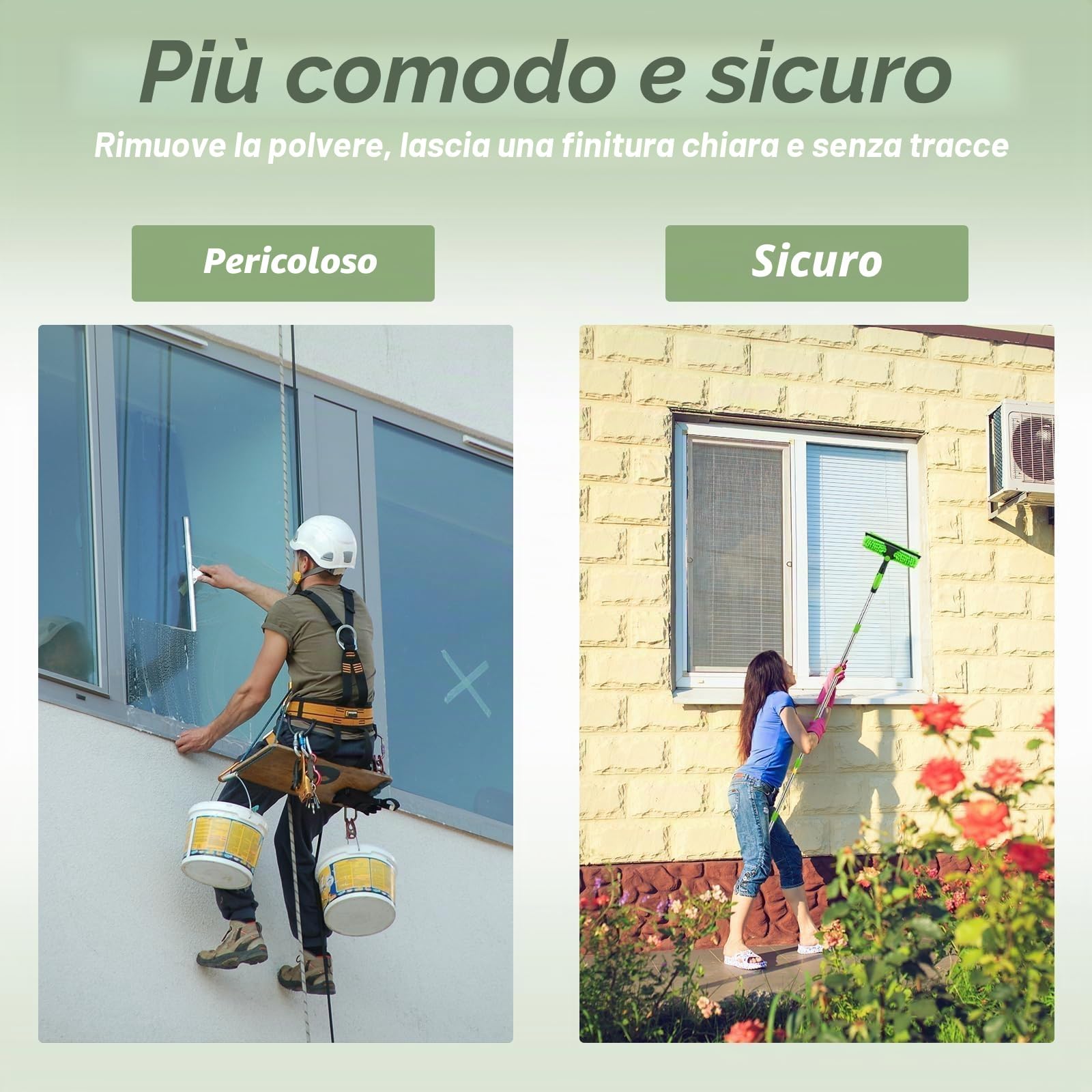 4,3 m t Lavavetri Telescopico, 2 in 1 Pulitore Vetri Finestre Lava con Tergivetro con 2 panni in microfibra Pulisci Vetri,Testa a 180° Lavavetri per Specchi Auto Vetro Finestra Alta