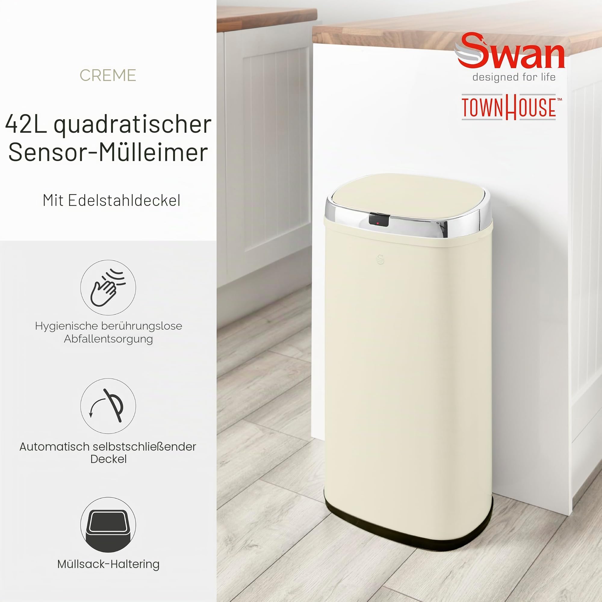 Swan SWKA4517CN Townhouse Quadratischer Sensor-Mülleimer mit freihändiger Öffnung mit Bewegungssensor-Technologie, Müllbeutelhaltering, Stahlkörper, großes Fassungsvermögen von 42 l, cremefarben