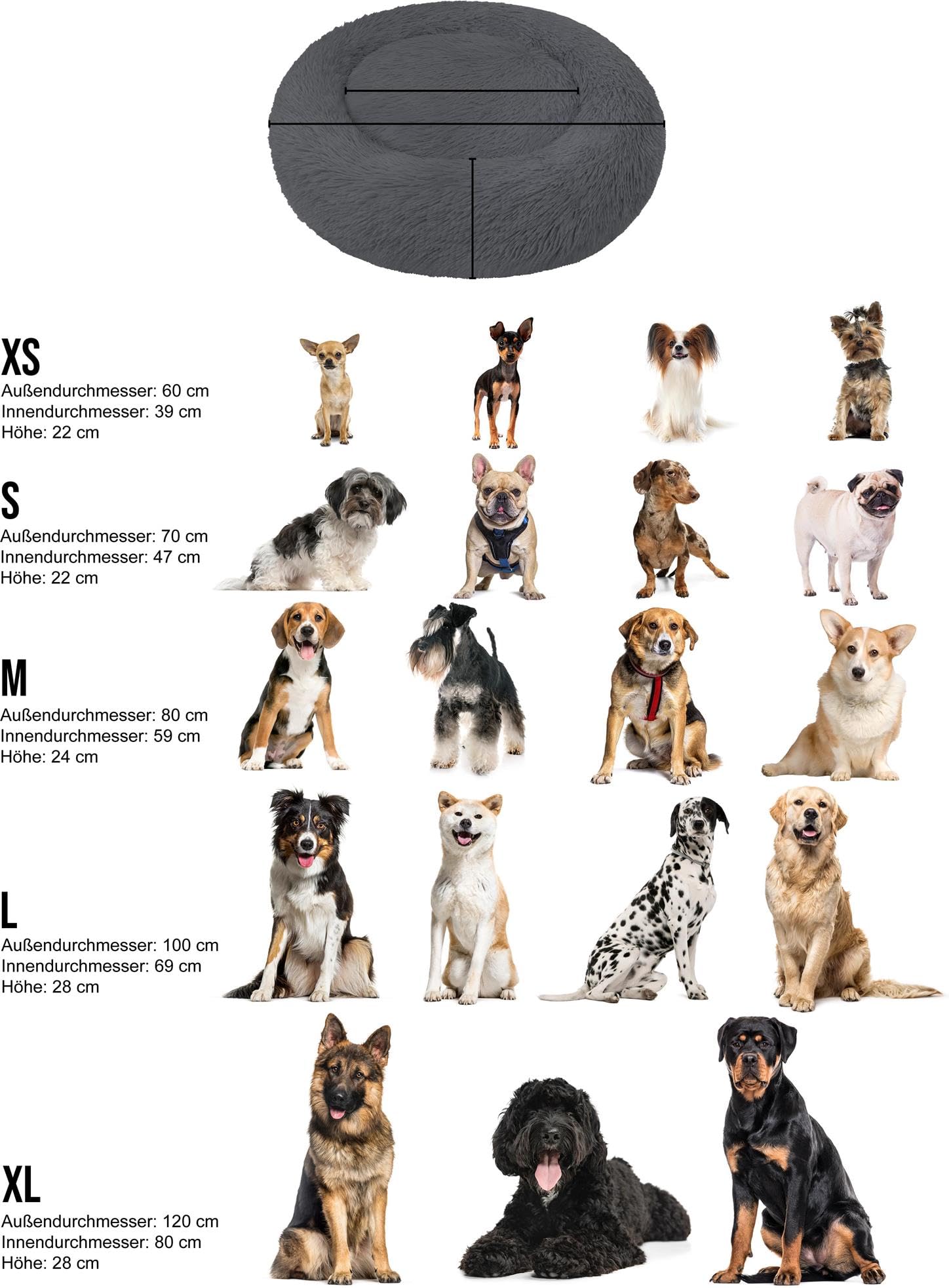 normani Rundes Hundebett für große und kleine Hunde - Ergonomisches Hundekissen Donut - Hundecouch mit hohem Rand Farbe Anthrazit Größe 100 cm x 100 cm x 28 cm