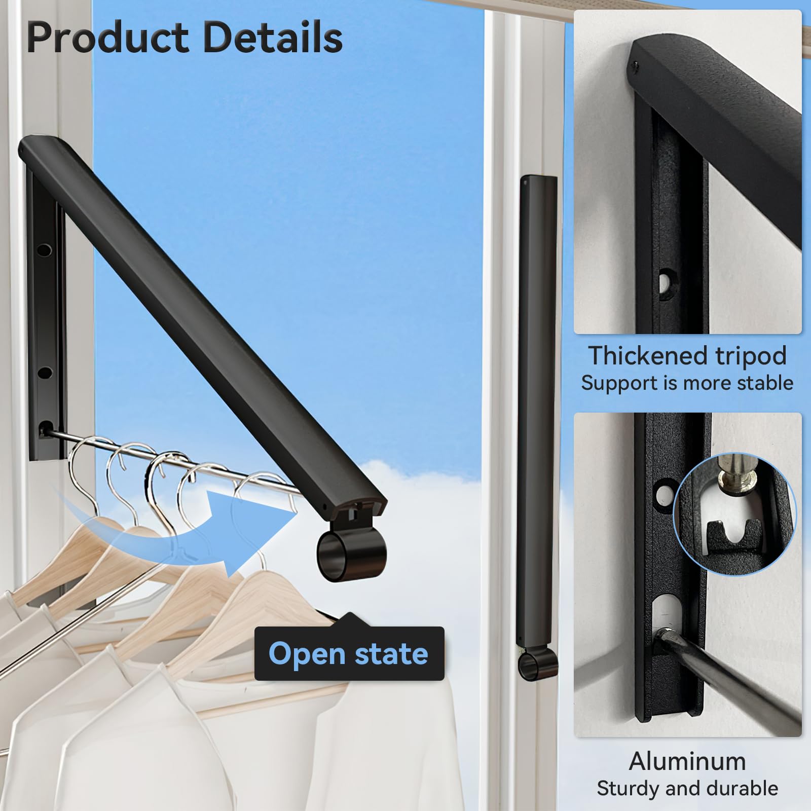 Kleiderhaken Klappbar kleiderwandhaken Wäschelüfter Wand für Waschküche, Organisation und Aufbewahrung, Aluminium, schwarz, 1 Stück