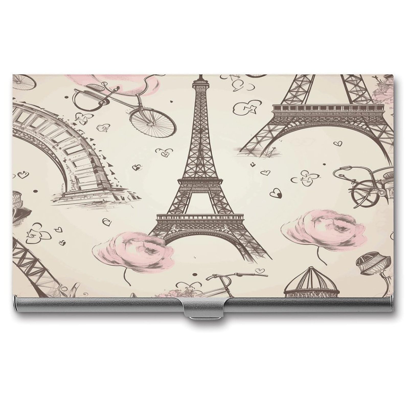 LDGSUPH The Eiffel Tower And A Bicycle Business Card Holder Fashion Slim Name Card Holder Minimalist Design Case Metal Card Carrier Personalized Business Card Case with Flip for Men Women