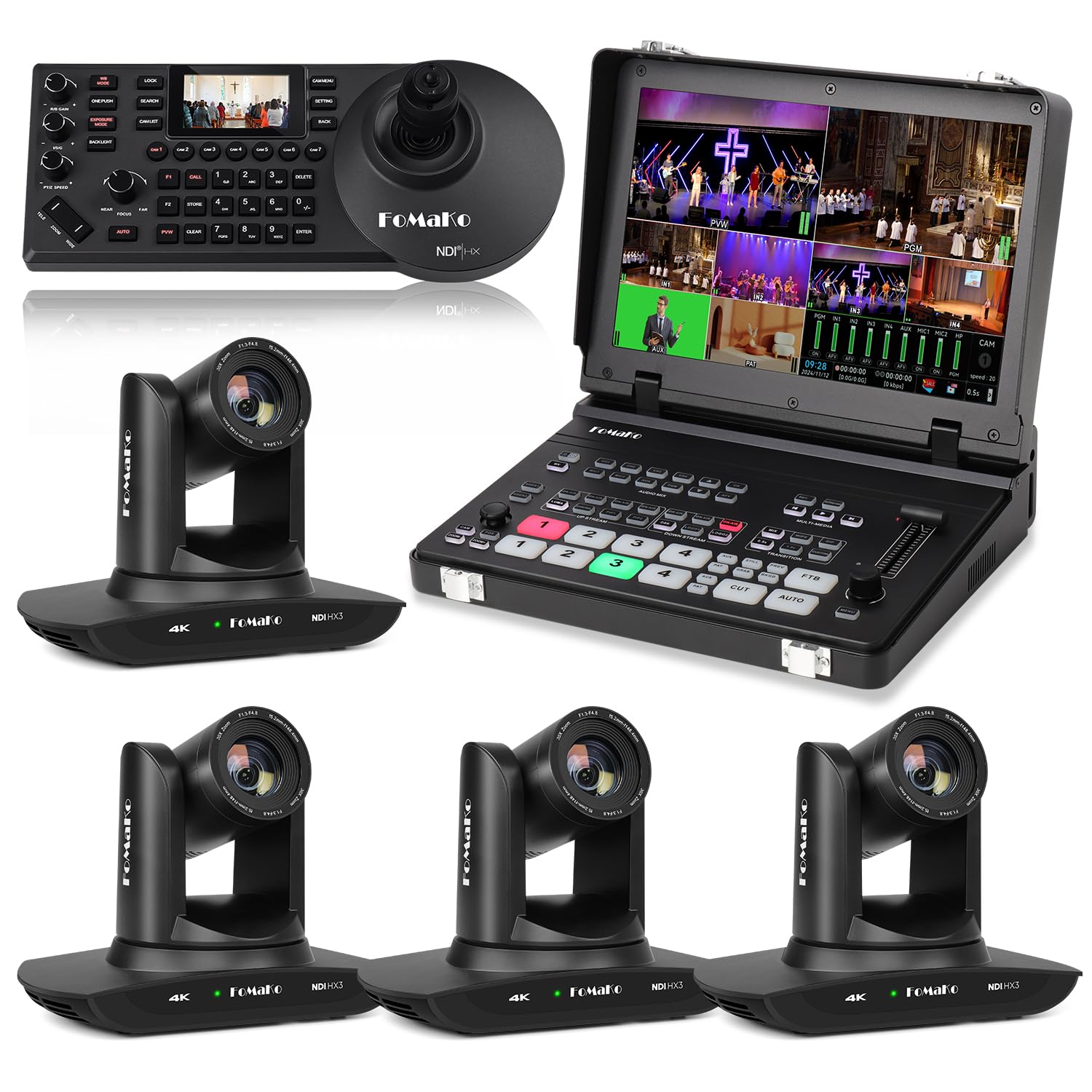 FoMaKo K30NS 4K 30x Optical Zoom PTZ Camera with NDI 6 &amp; NDI HX3, AI Auto-Tracking Gen 3,for Science Experiment Labs and Language Exchange Rooms Live Broadcasting（K30NSX4+M5+KC608 Pro
