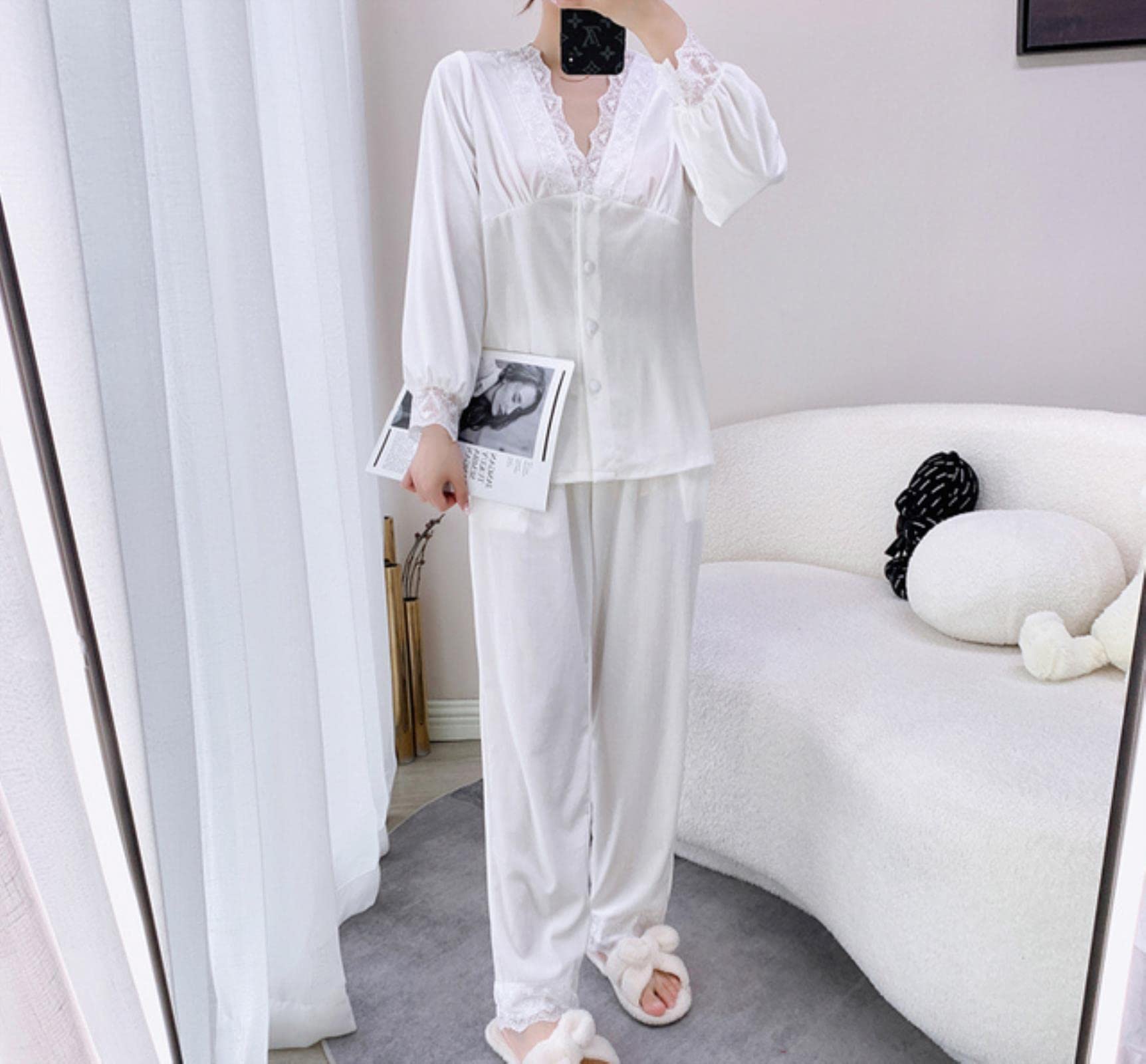 MOGSA Pijama para mujer, pijama de terciopelo sintético para otoño, invierno, ropa de dormir de manga larga, ropa de dormir suelta para el hogar, ropa de dormir con ribete de encaje