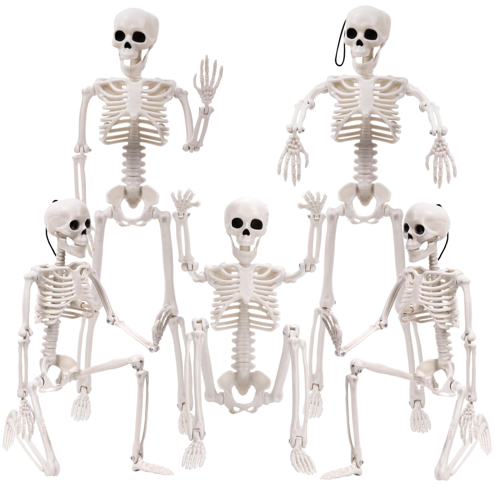 XIMISHOP 5 esqueletos colgantes de Halloween, 16 pulgadas, decoración de esqueleto de Halloween con articulaciones móviles para cementerio de Halloween, decoración de casa encantada, interior y
