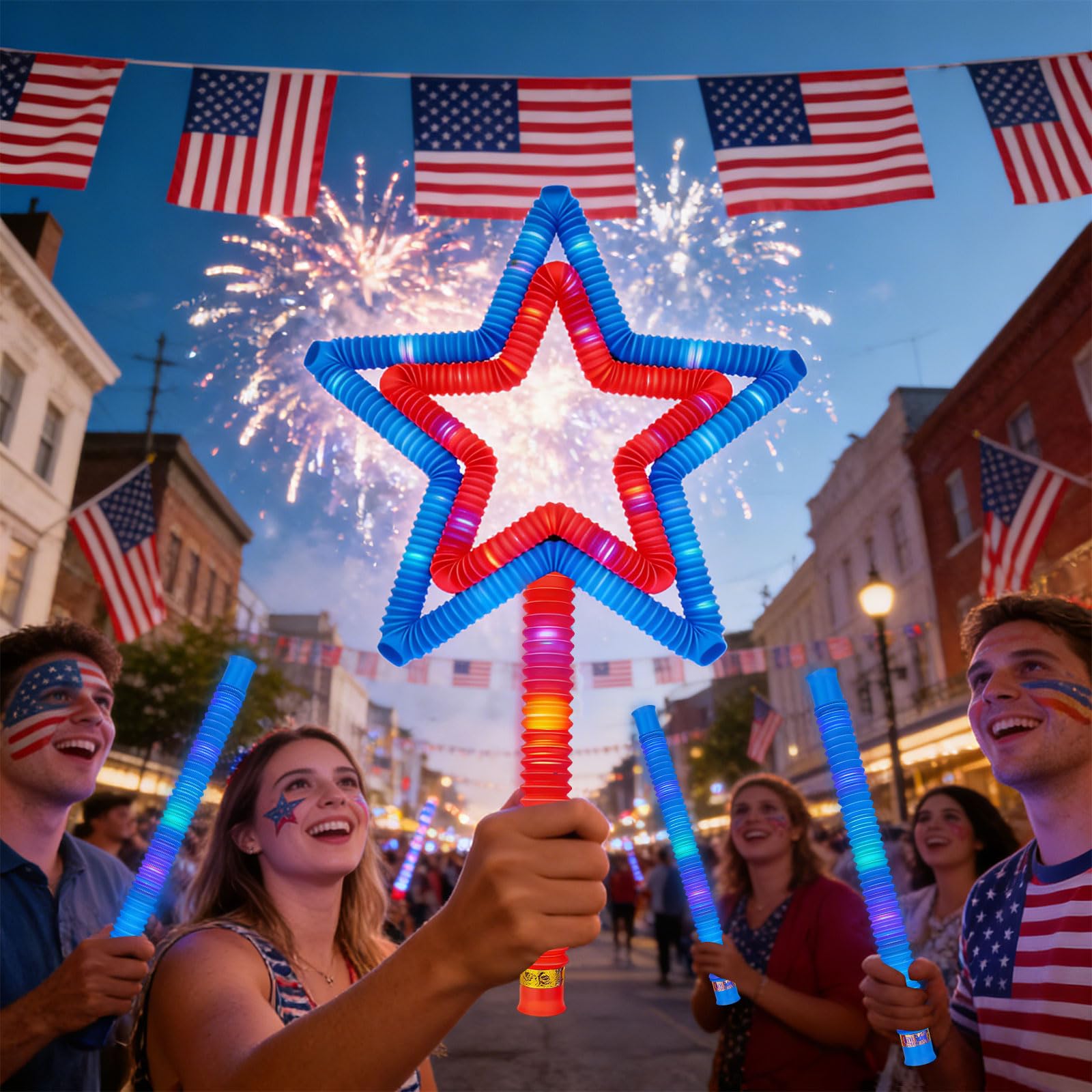 Juego de 12 varillas brillantes patrióticas rojas, blancas y azules para suministros de fiesta del 4 de julio, collares y pulseras que brillan en la oscuridad, decoraciones del Día de la