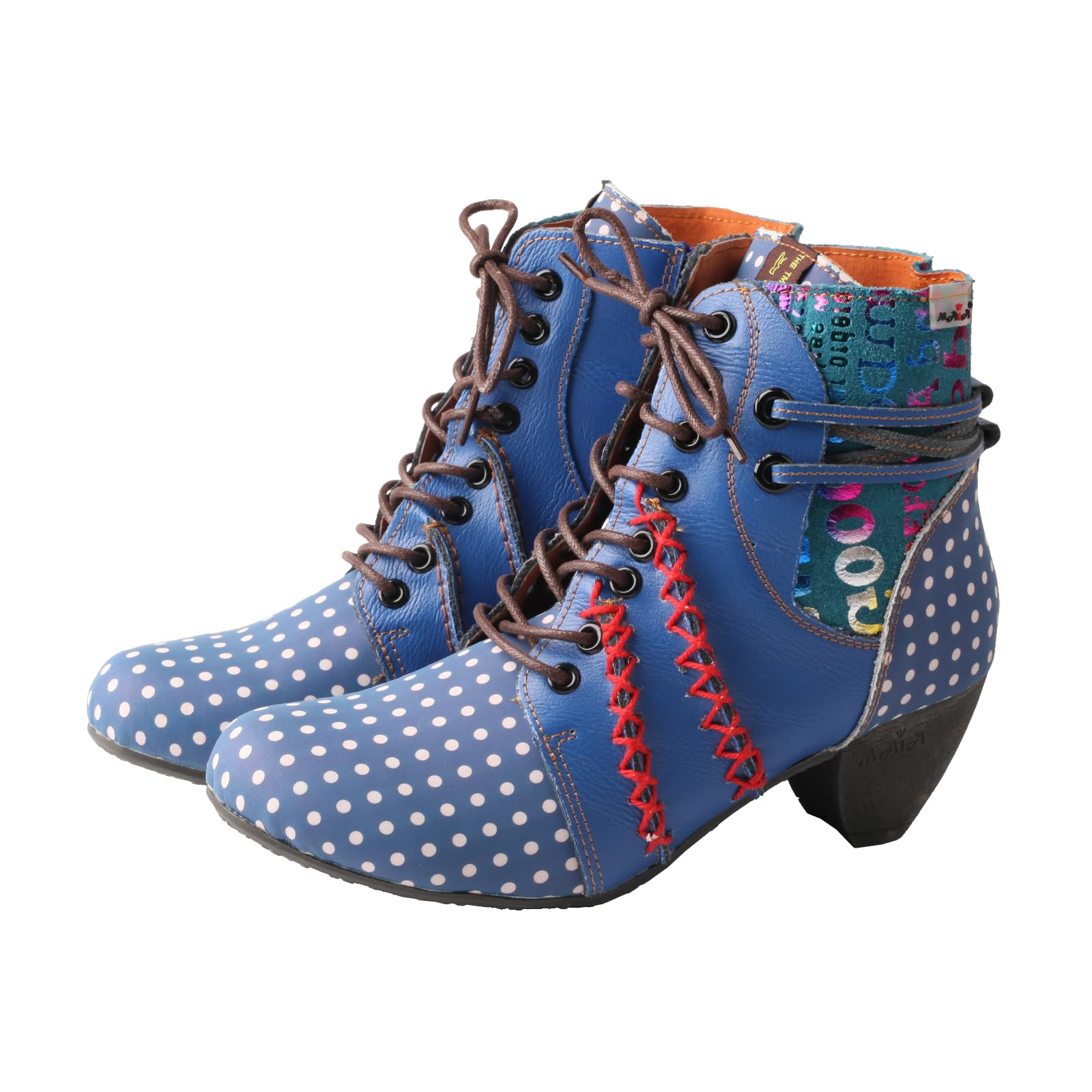 TMA EYES MAiA Womens Fashion Leather Mid-Heel Ankle Boots with Polka Dot Pattern Essential for Daily Outfits