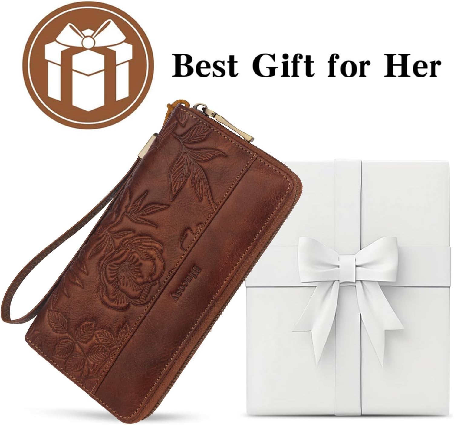 Leather Womens Wallet with Embossed Flowers,RFID Blocking Long Wallet For Women Large Capacity Wristlet With Card Holder Zip Coin Pocket(embossed brown) - Image 8