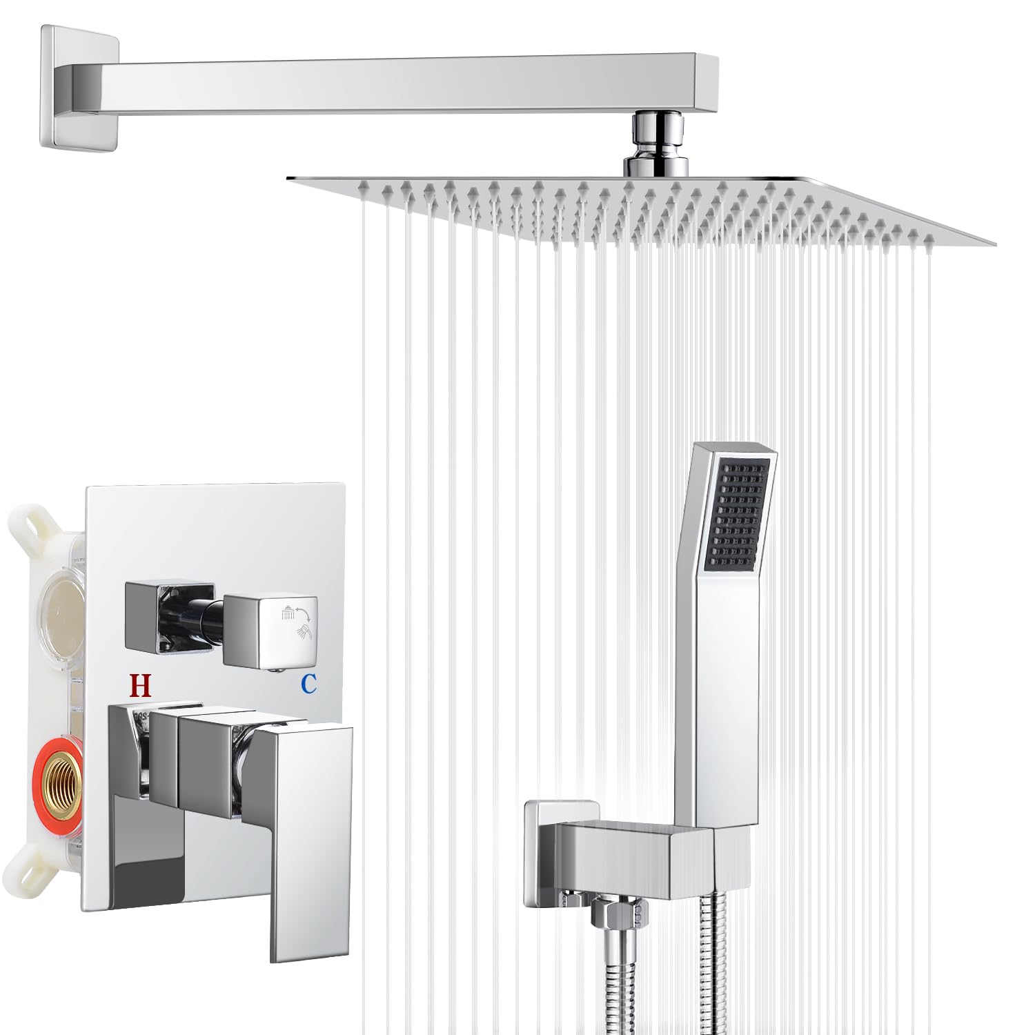 Shower Valve BWE 10 Inch Square Bathroom Luxury Rain Mixer Shower Combo Set Wall Mounted Shower Kit Rainfall Shower Head System Polished Chrome Shower Faucet Shower Set