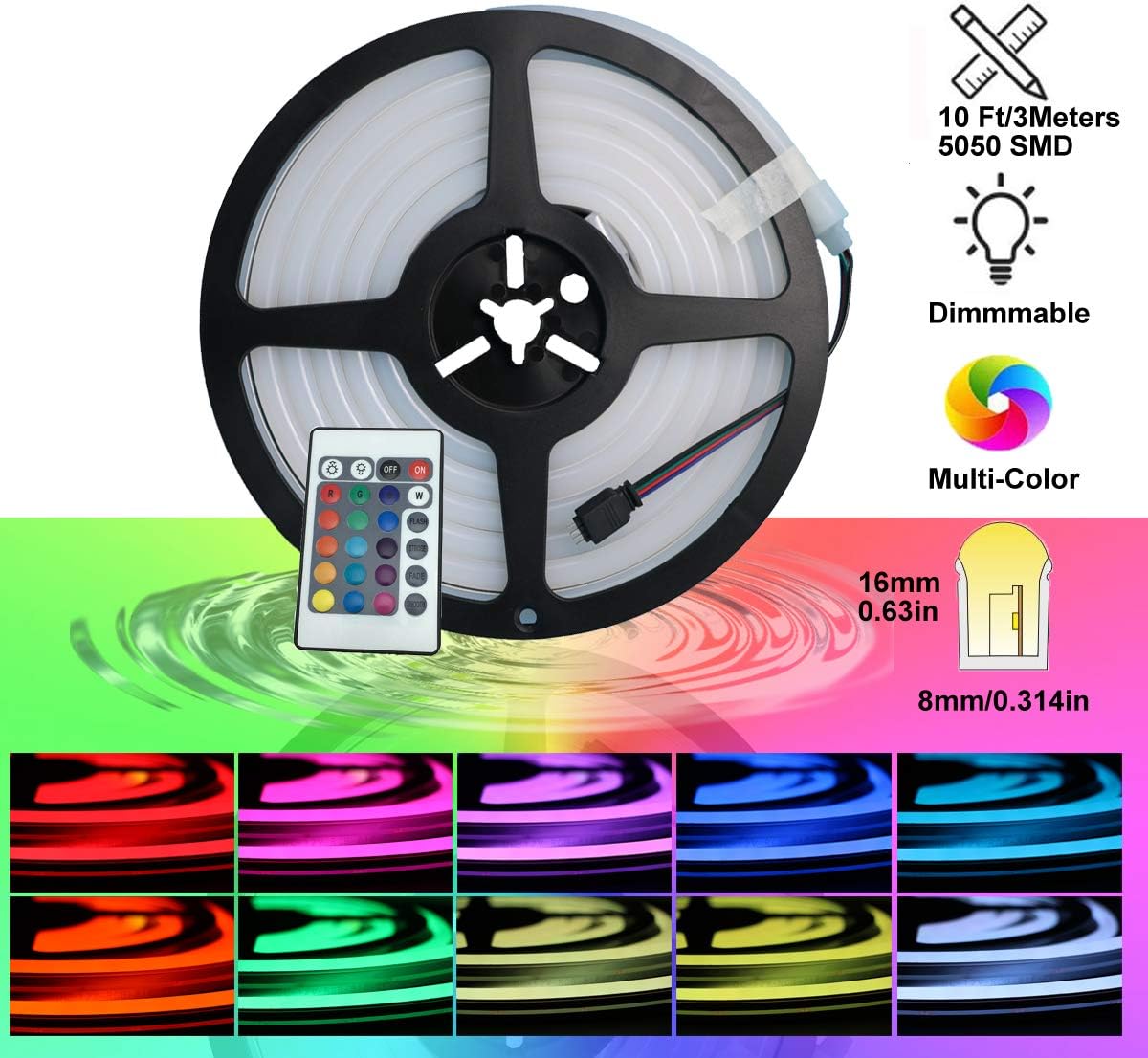 Neon LED RGB Silicone Light Strip Flexible/Waterproof/Multi-Color/Remote Control for Home/Garden/Architectural Decoration (16.4 FT / 5 Meters, RGB)