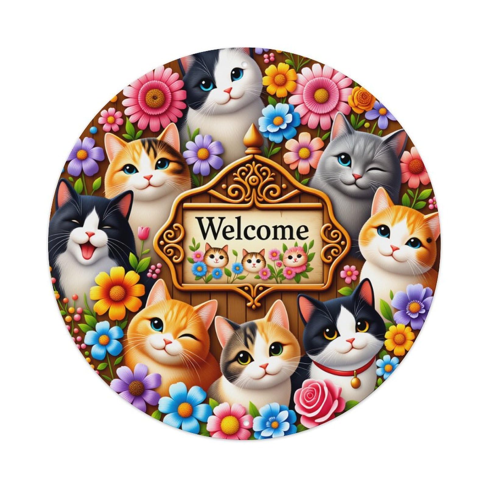 Cats Flowers Welcome Sign Art Round Tin Sign Vintage Style Metal Sign Home Bar Garden Wall Plaque Decor Metal Poster 8x8 Inch