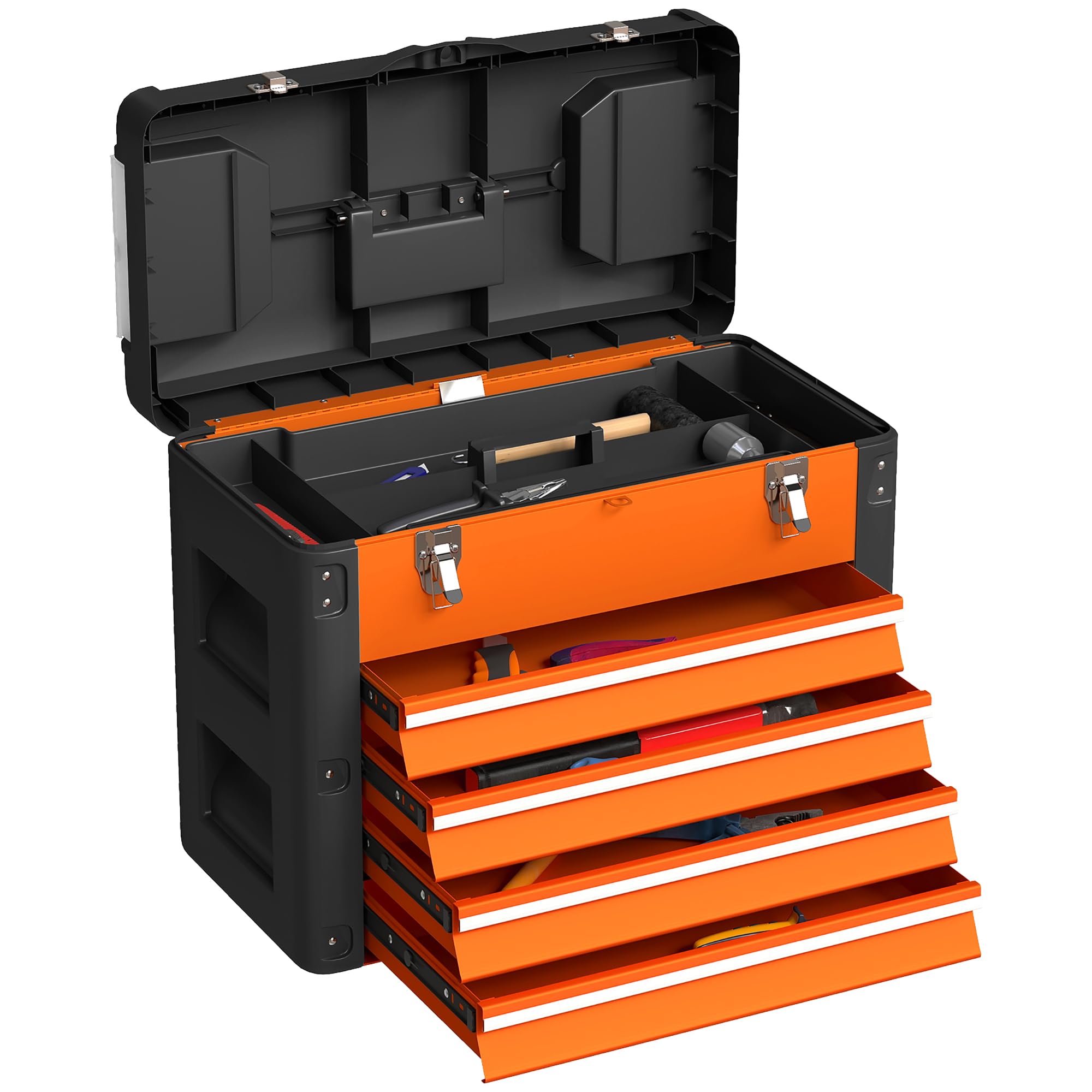 HOMCOM 4 Drawer Steel Toolbox - Orange - Heavy Duty Tool Chest for Garage Projects