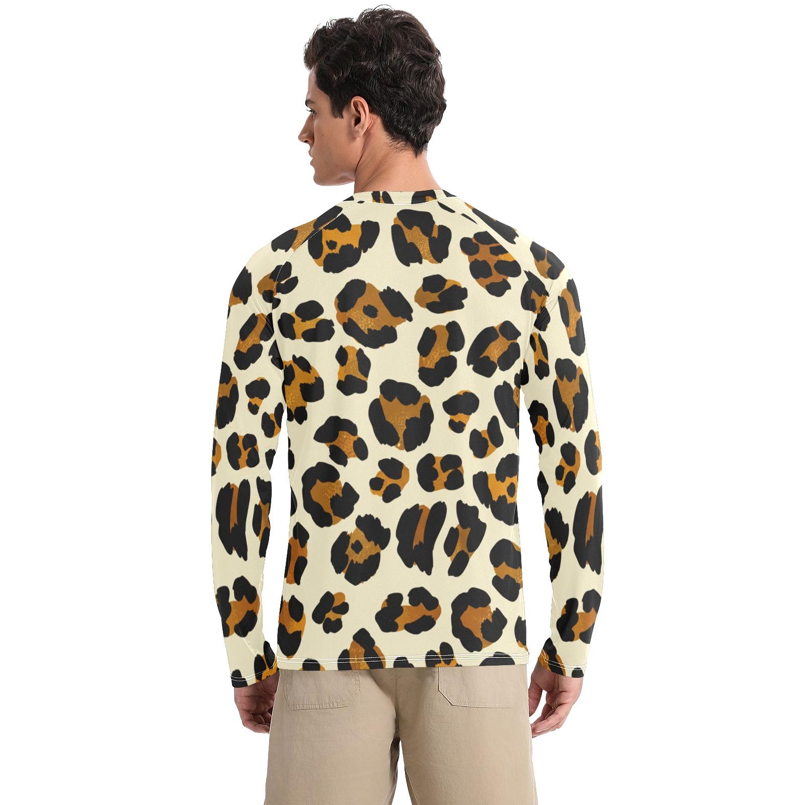 Brown Black Leopard Rash Guard Men Quick Dry UPF 50+ Sun Protection Long Sleeve Beach T-Shirts Sun Shirt for Outdoor, X-Large