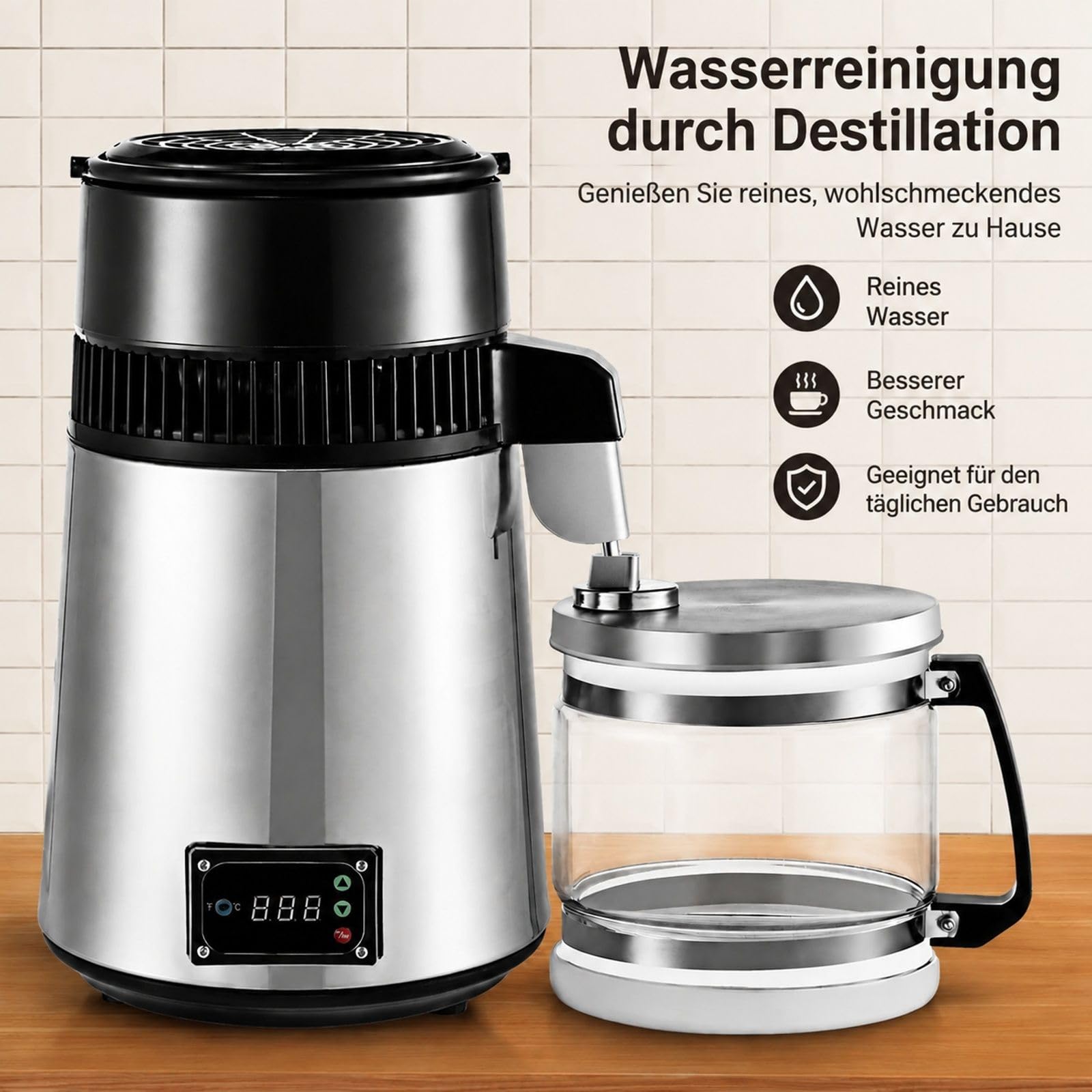 Wasserdestilliergerät 4 L 750 W aus Edelstahl mit Glasflasche für Zuhause und Büro